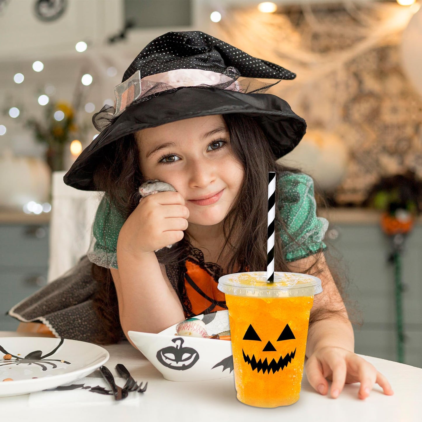 Whaline 60Pcs Halloween Disposable Plastic Cups with Lids and Straws 12oz Jack-O-Lantern Pumpkin Cold Beverage Drinking Cups for Trick or Treat Party Supplies