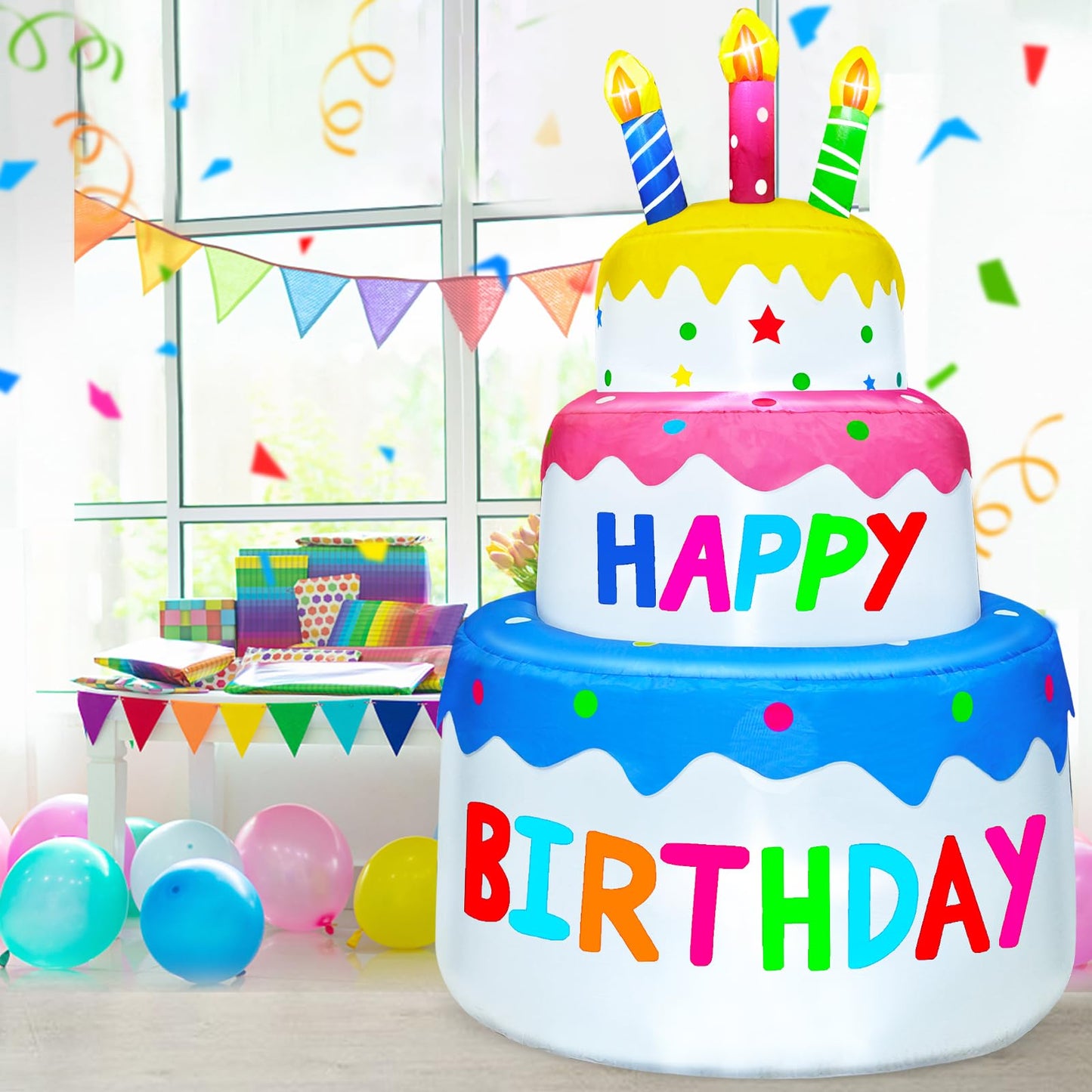 6 Ft Inflatable Happy Birthday Cake Decorations Outdoor Lighted Blow Up Holiday Birthday Party Decor with Candles 6 LED Lights for Indoor Home Celebration Garden Lawn Yard Prop Sign