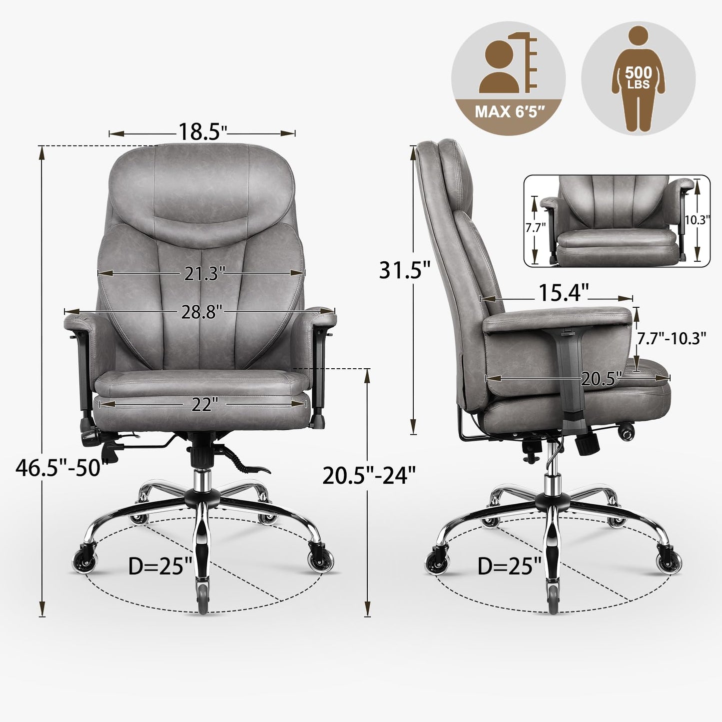 500 lbs Big and Tall Office Chair for Heavy People, Heavy Duty Ergonomic Executive Chair with Adjustable Lumbar Support and Wide Seat