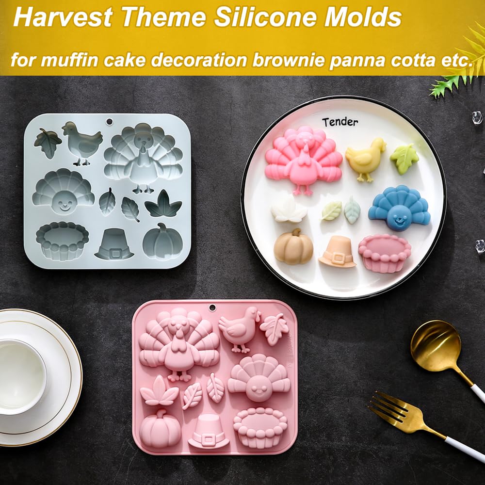 2 Pack Fall Thanksgiving Chocolate Molds Autumn Pumpkin Turkey Maple Leaves Silicone Molds Fall Candy Resin Baking Mold Soap Mold for Halloween Autumn Harvest Cupcake Cake Topper Décor