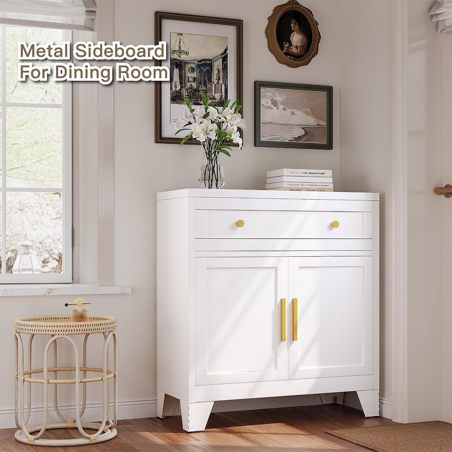 YAUWOH Metal Sideboard Cabinet with Big Drawers,Farmhouse Coffee Bar with One Adjustable Shelves,Buffet Cabinet,Metal Storage Cabient for Kitchen, Dining Room, Entryway, White