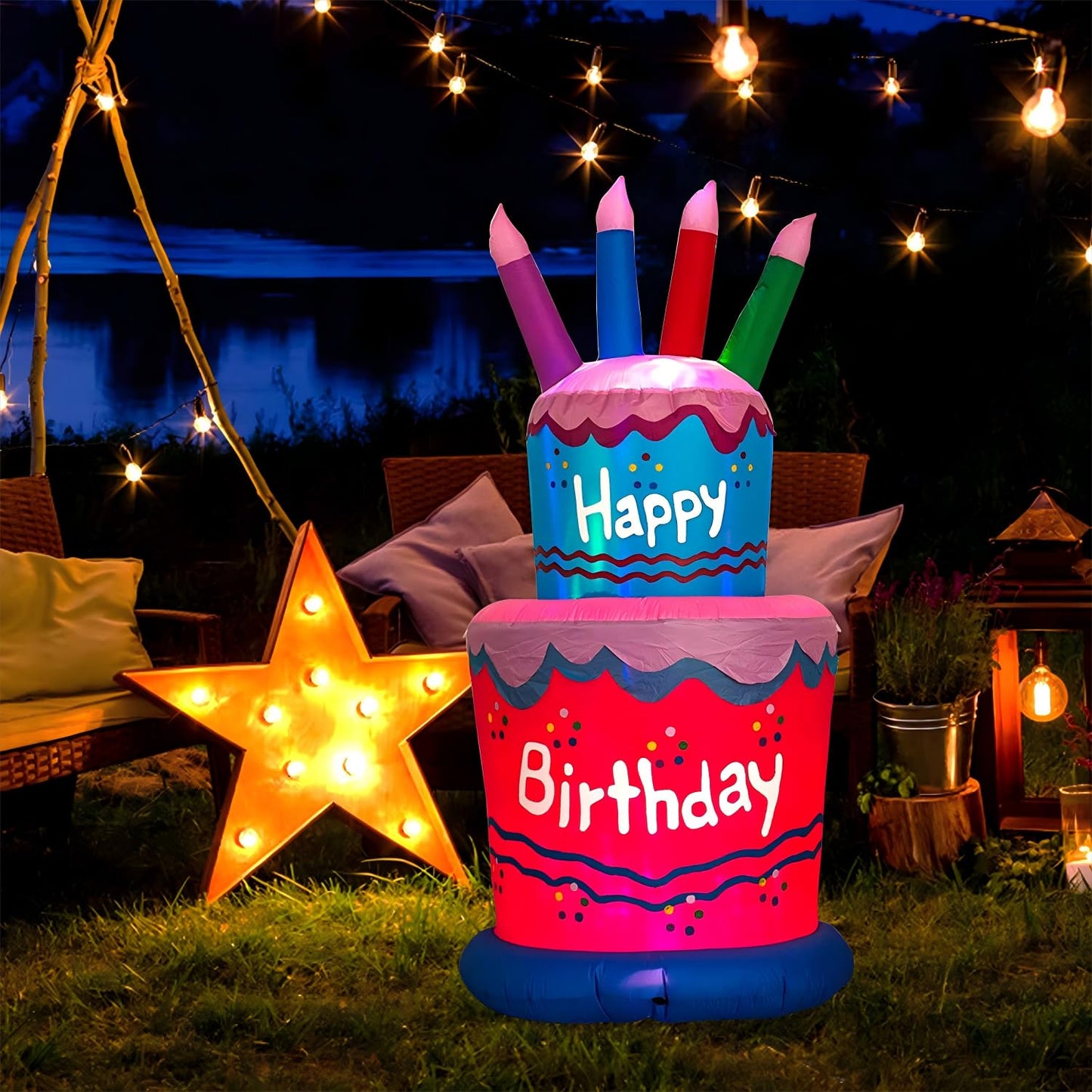 6FT Inflatable Birthday Cake Decoration,Birthday Blow up Cake Outdoor Decor with LED Lights,Light-up Happy Birthday Sign for Yard Lawn, Inflatable Outdoor Holiday Yard Decoration(Blue & Pink)