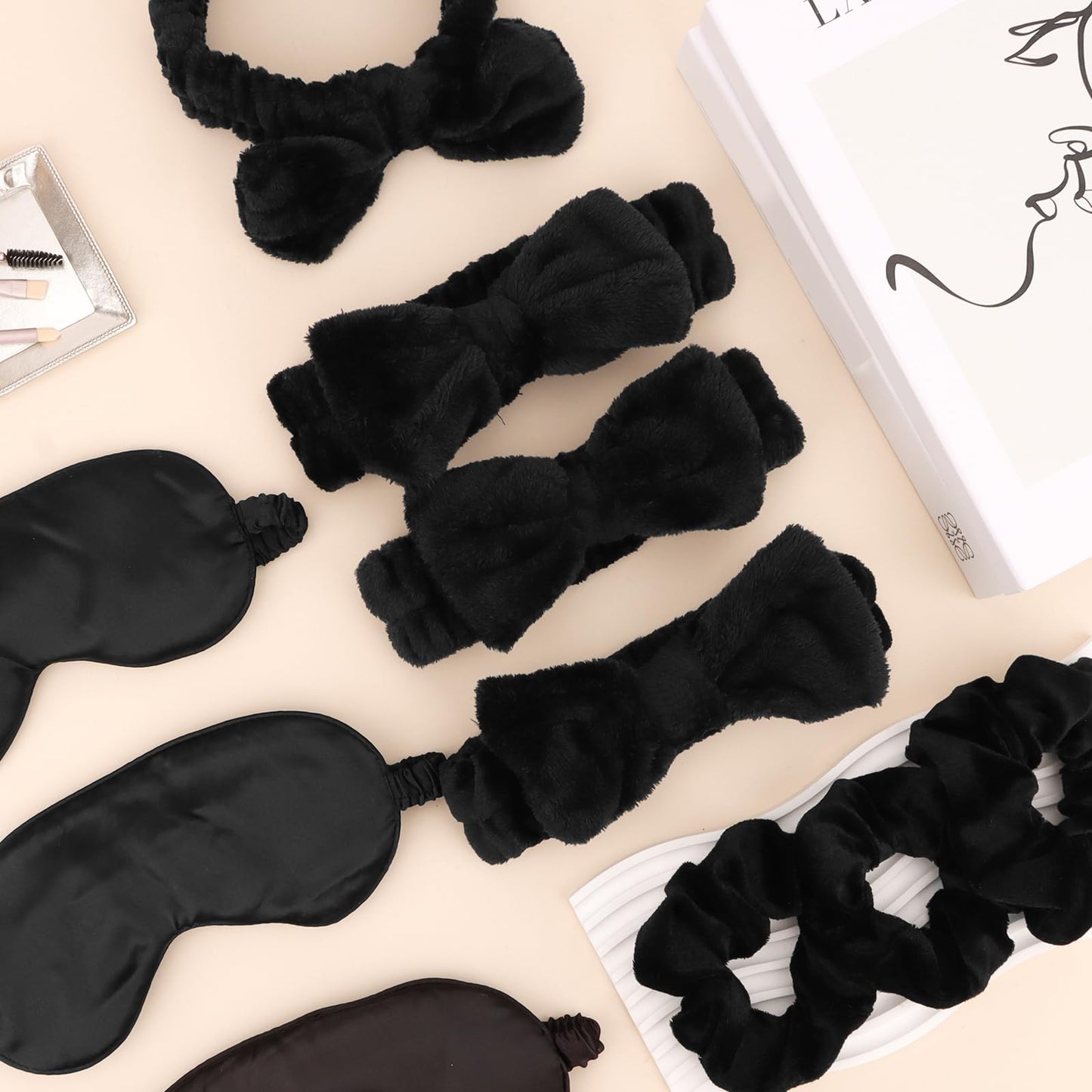 WHAVEL 18 Pcs Sleepover Party Supplies for Girls - Sleepover Party Favors Include 6 Spa Headband, 6 Silk Eye Mask and 6 Velvet Scrunchies for Spa Birthday, Bachelorette, Slumber (Black)