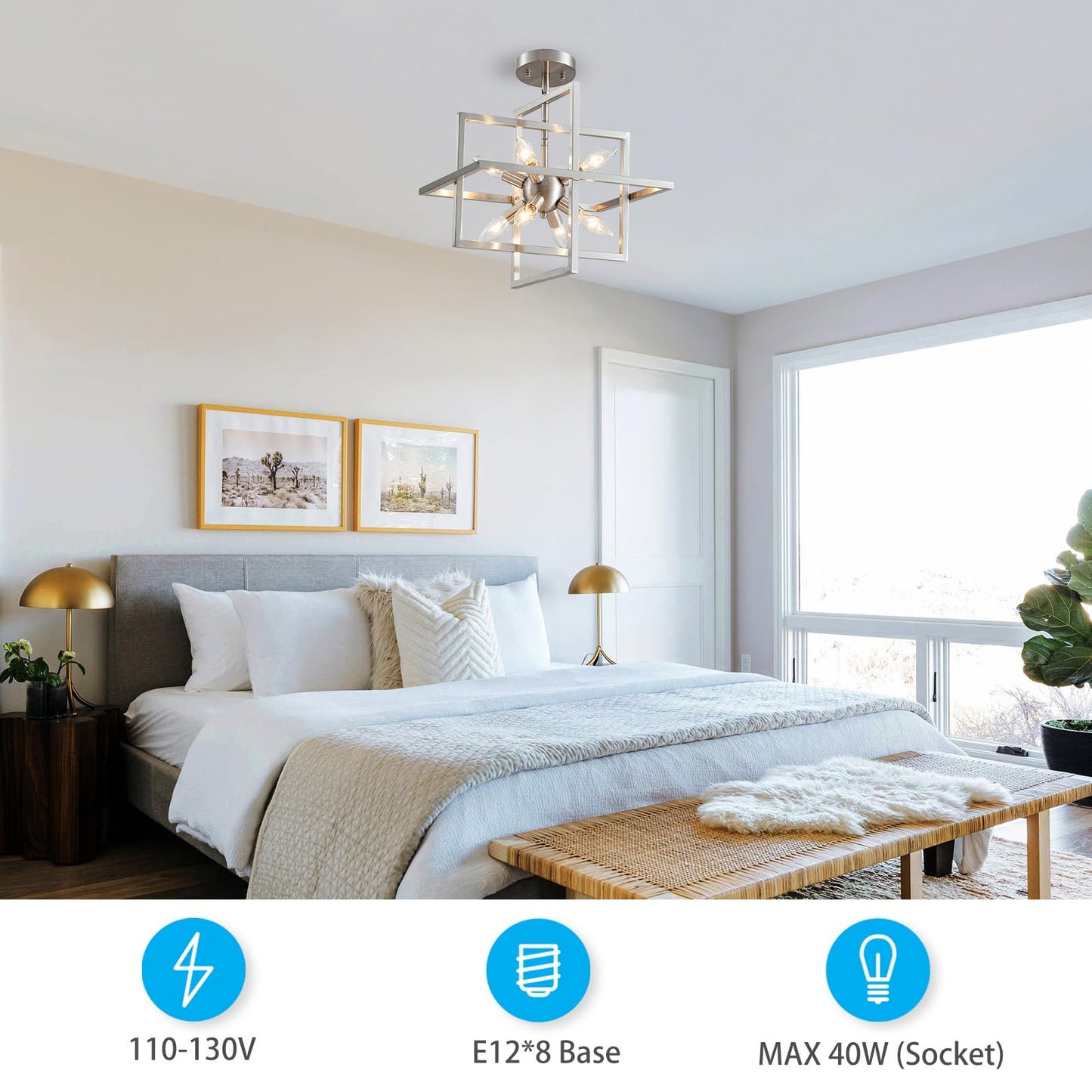XINGQI Modern Chandelier 8-Light Brushed Nickel Geometric Pendant Lighting Farmhouse Ceiling Light Fixtures for Dining Room Living Room Kitchen Island Bedroom Hallway