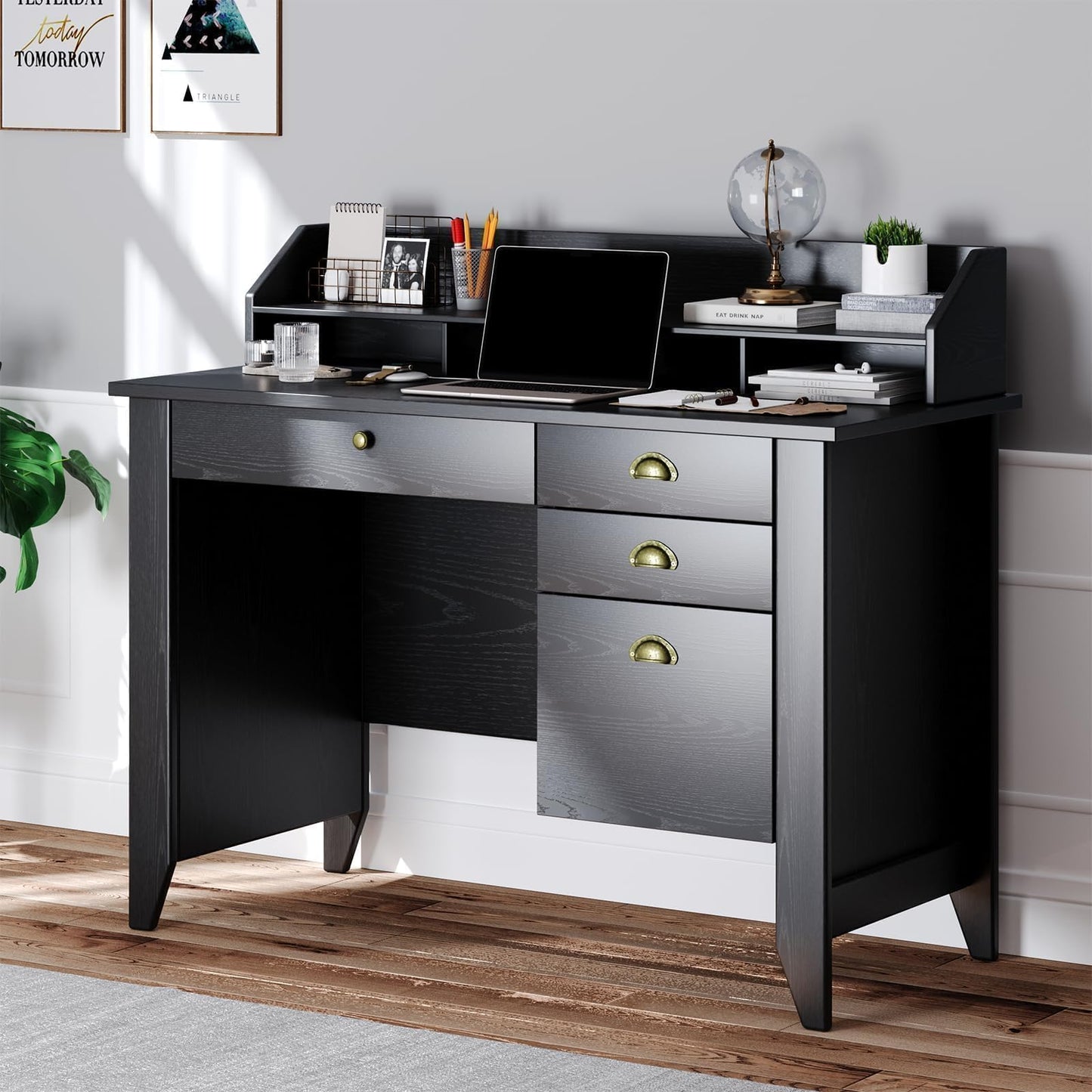 4 EVER WINNER Black Desk with Drawers, Small Computer Desk with File Drawer & Hutch for Small Spaces, Home Office Desks Writing Study Table with Monitor Stand, Black