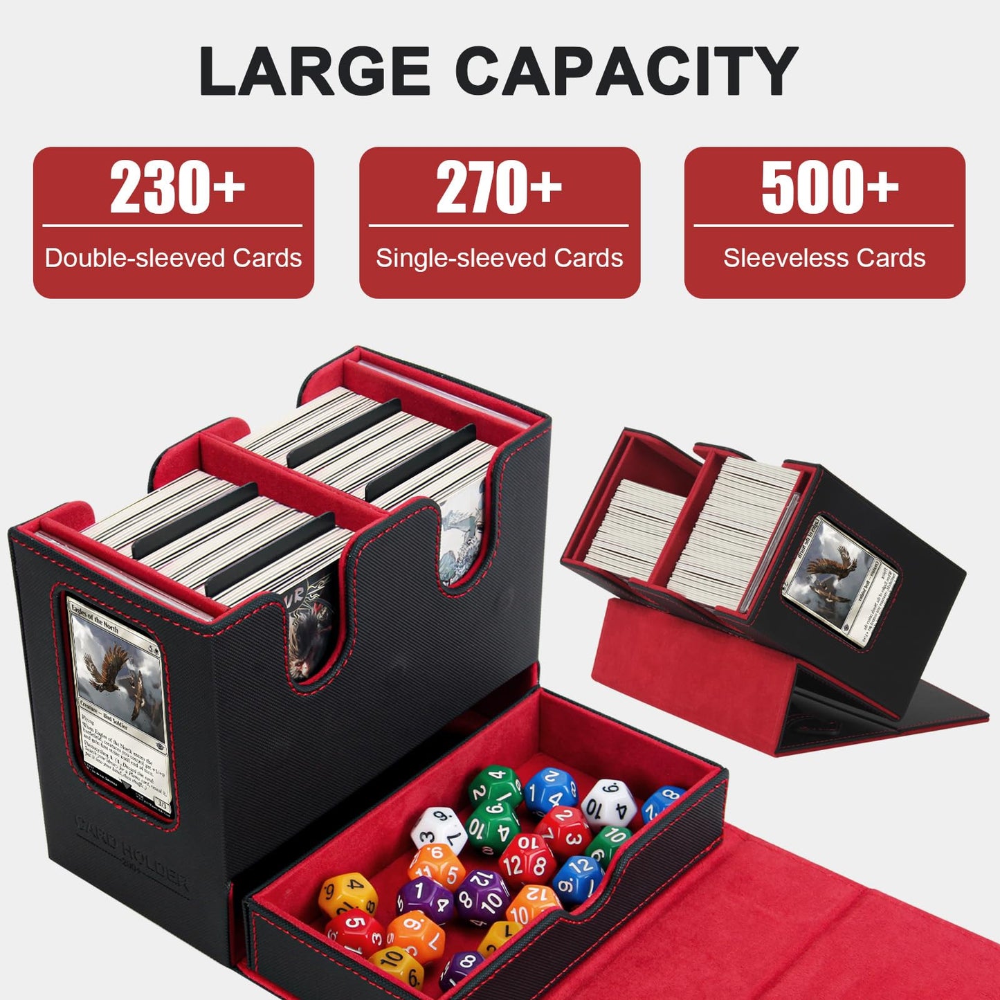 WERTIOO MTG Commander Deck Box with Handle – Double Storage Box for 230+ Double Sleeved Cards, 2 Commander Displays, 1 Dice Tray – Card Organizer for EDH, CCG, TCG (Black Red)