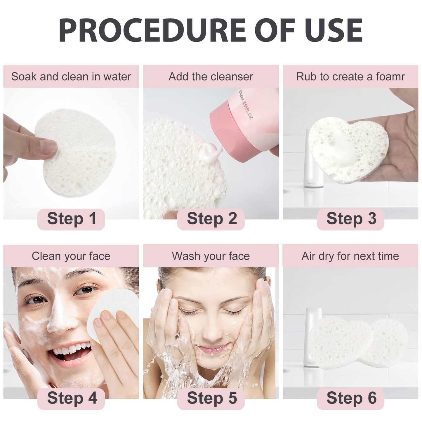 50-Count Facial Sponges Compressed, 100% Natural Cellulose Face Sponge Professional Cosmetic Spa Sponges for Face Cleansing, Exfoliating Mask, Makeup Removal for Travel and Home, White+Pink
