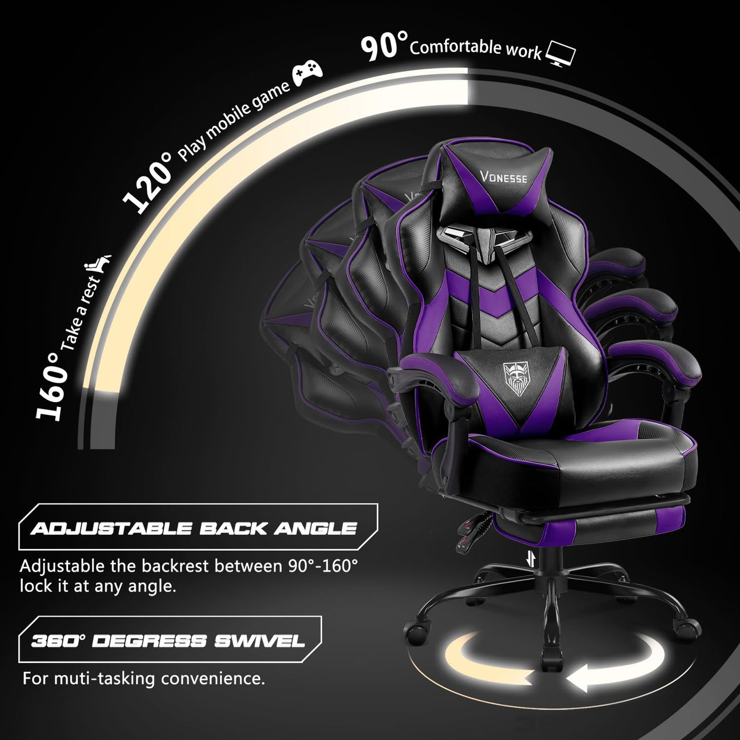 Vonesse Gaming Chair,Computer Chair with Footrest and Massage,Reclining Gaming Chairs for Adults,Big and Tall High Back Gamer Chair (Purple/Black)