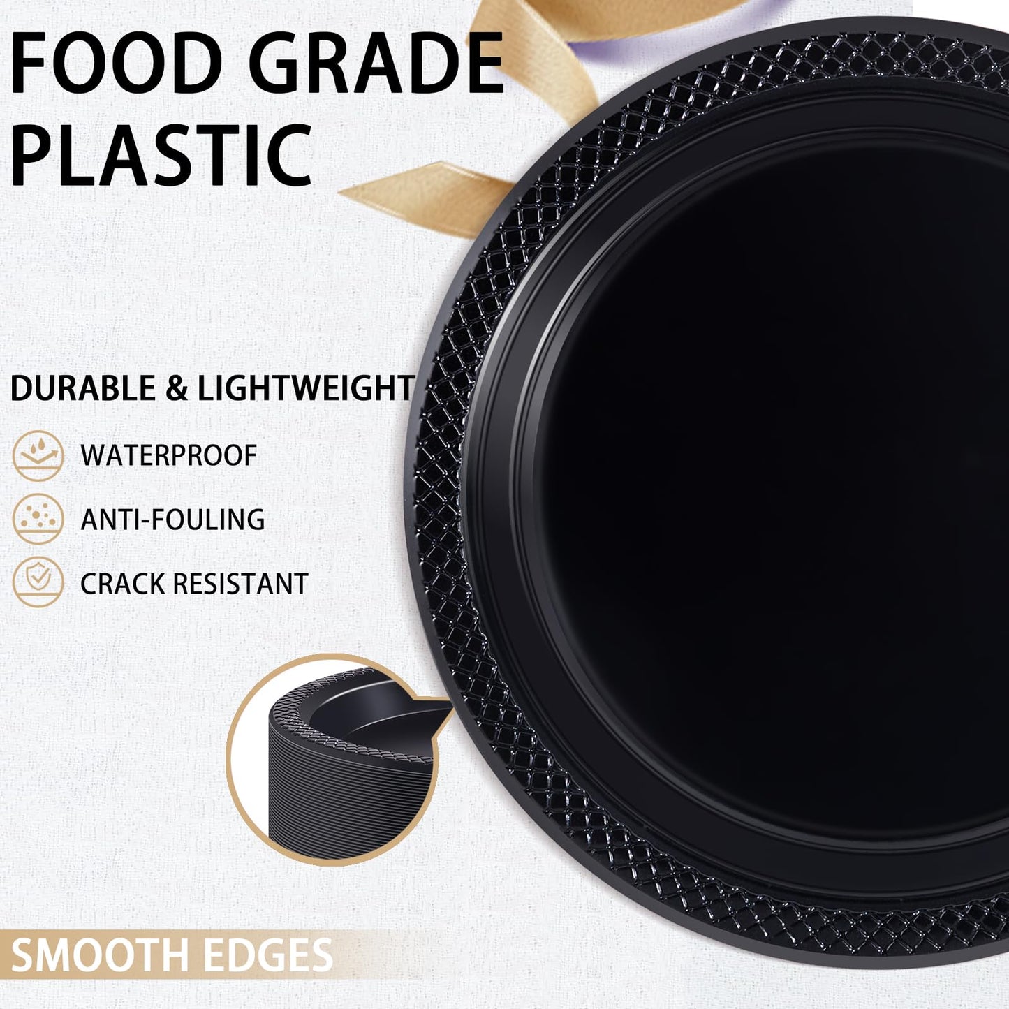 WELLIFE Black Plastic Plates 9 Inch -150 Count for Party, Plastic Disposable Dinner Plates for Easter Picnic BBQ