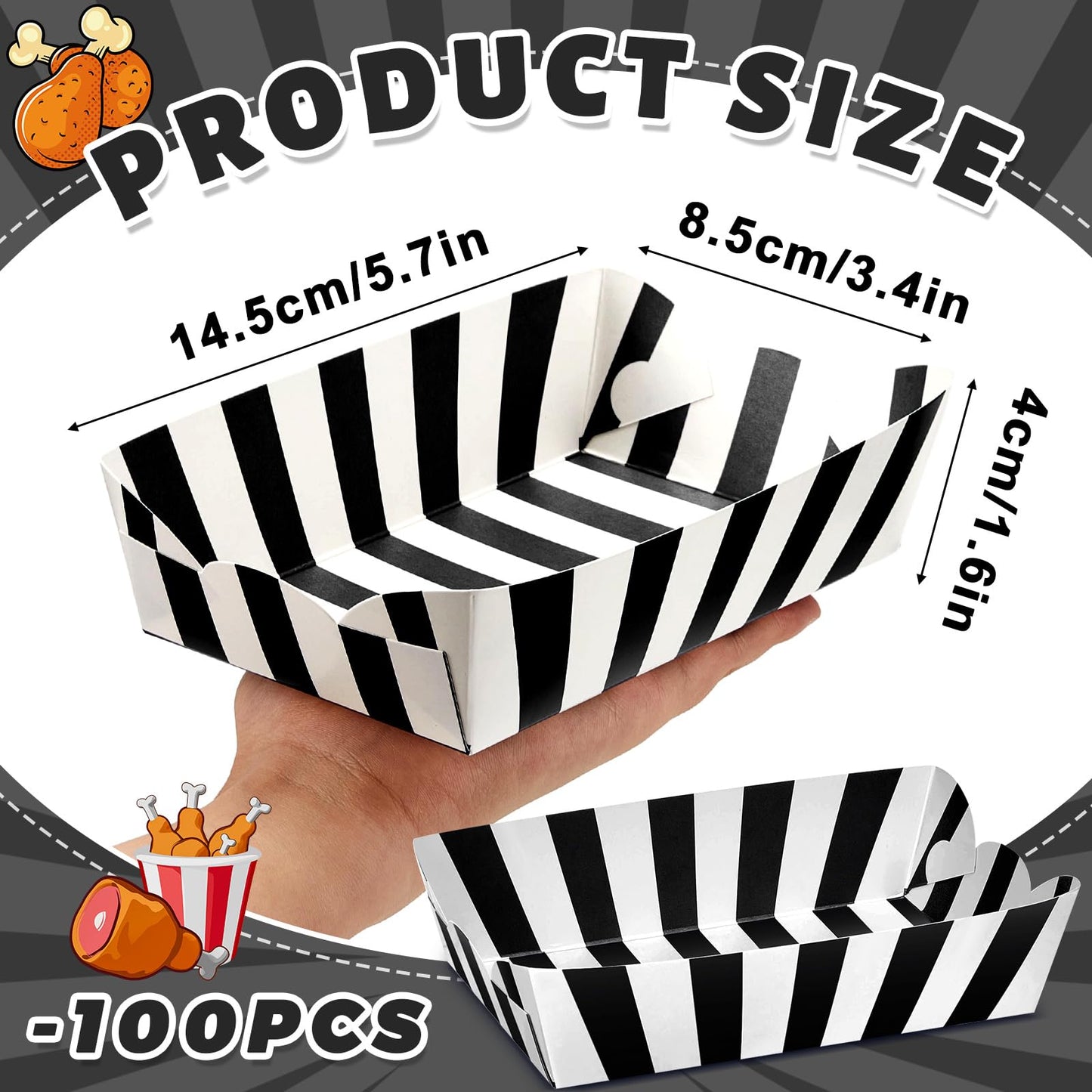 Yaomiao 100 Pcs Striped Paper Food Trays Carnival Paper Boats for Food Nacho Hot Dog Disposable Plates Disposable Serving Trays for Carnivals Fairs Festivals Picnics(Black)