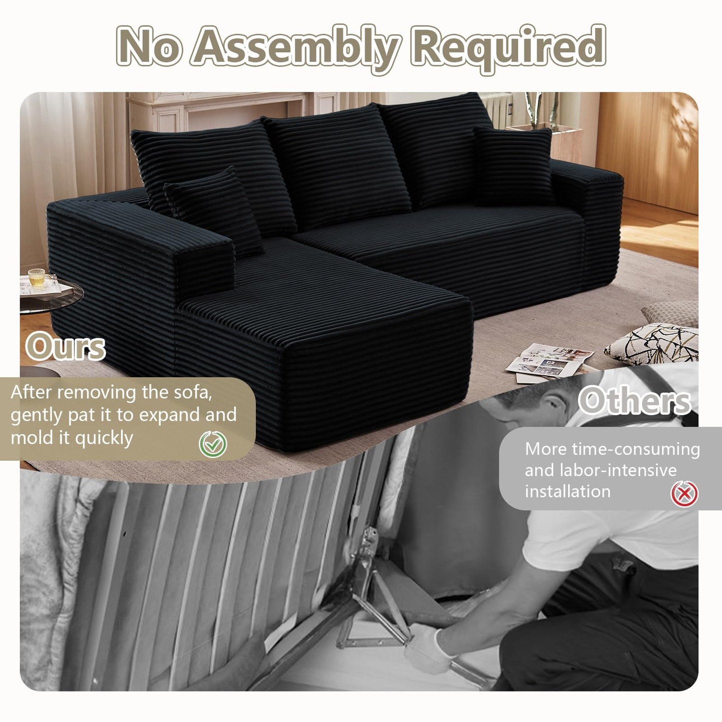 107" Cloud Sectional Couch with L-Shape Chaise, Modern Modular Comfy Sofa with Deep Seat, Upholstered Corduroy Couches Sleeper Chaise Longue for Living Room Bedroom, No Assembly Required, Black
