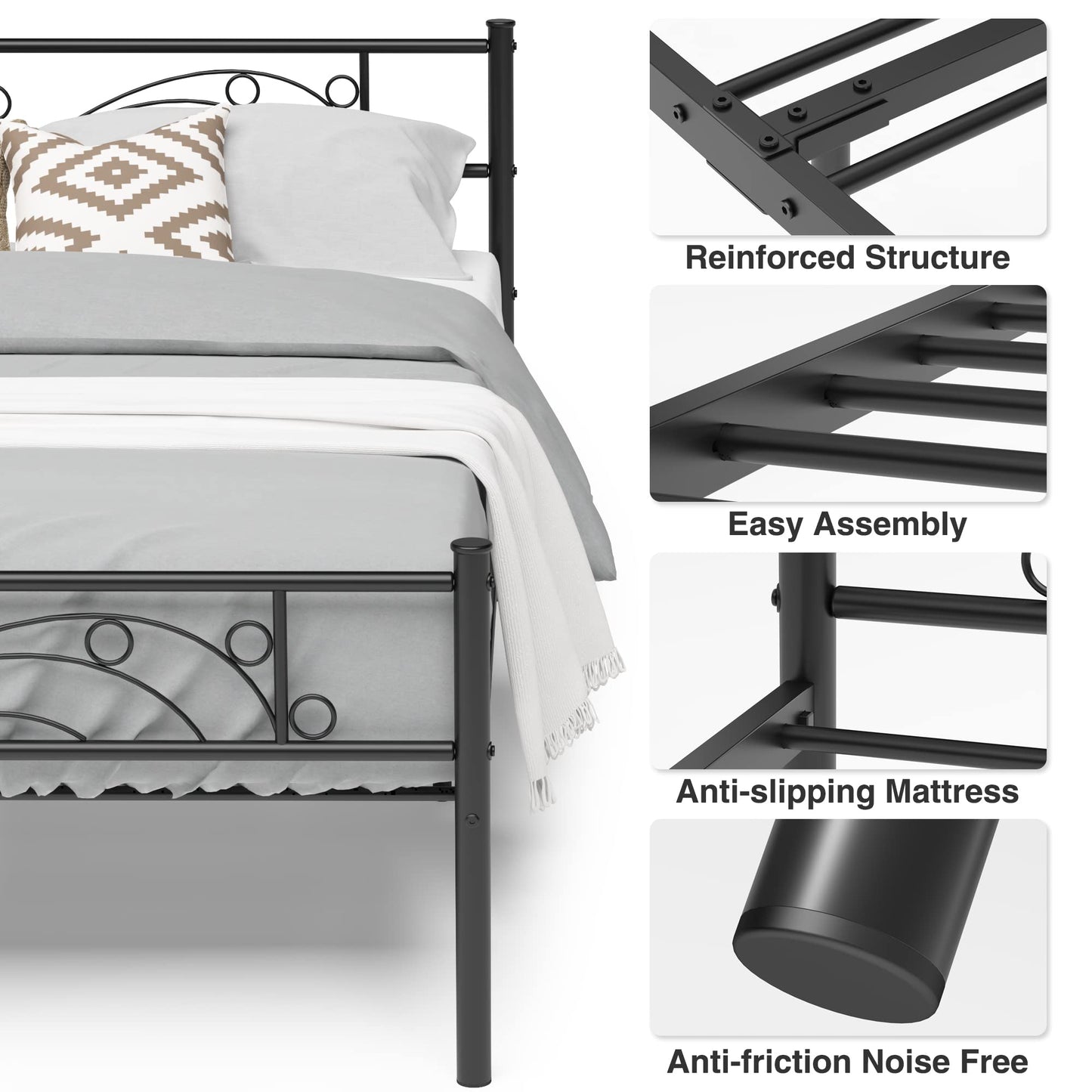 Weehom Full Size Platform Bed with Unique Flower Design Mattress Foundation Strong Metal Slats Support,Easy Assembly Black