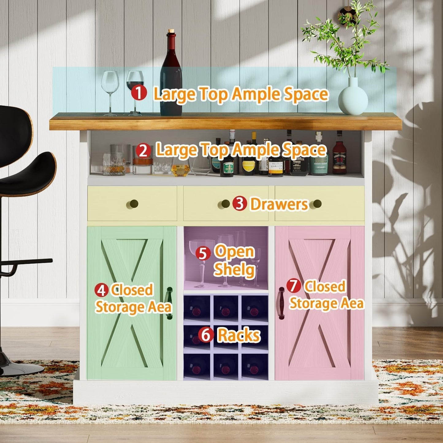 52 Inch Large Home Bar Unit with Foot Rail, 4-Tier Storage Bar Table with 3 Drawers, Farmhouse Wine Bar Cabinet with 9 Wine Rack & 2 Barn Doors, Home Bar Unit with Storage for Living Room, White