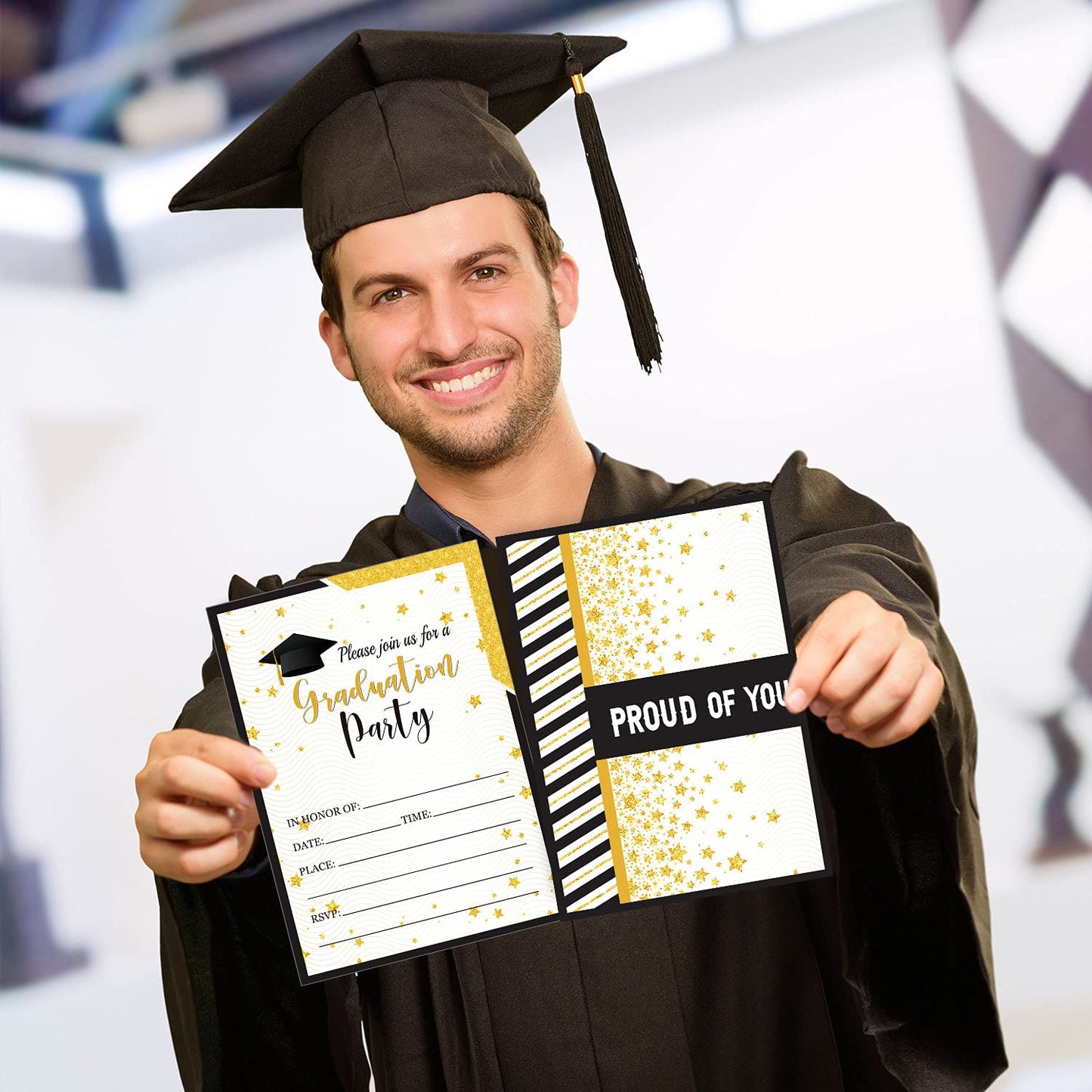 Whaline 35 Set Graduation Party Invitations with Envelopes and Grad Stickers Graduation Announcements Black Gold Invite Cards for College High School University Grad Celebration Party