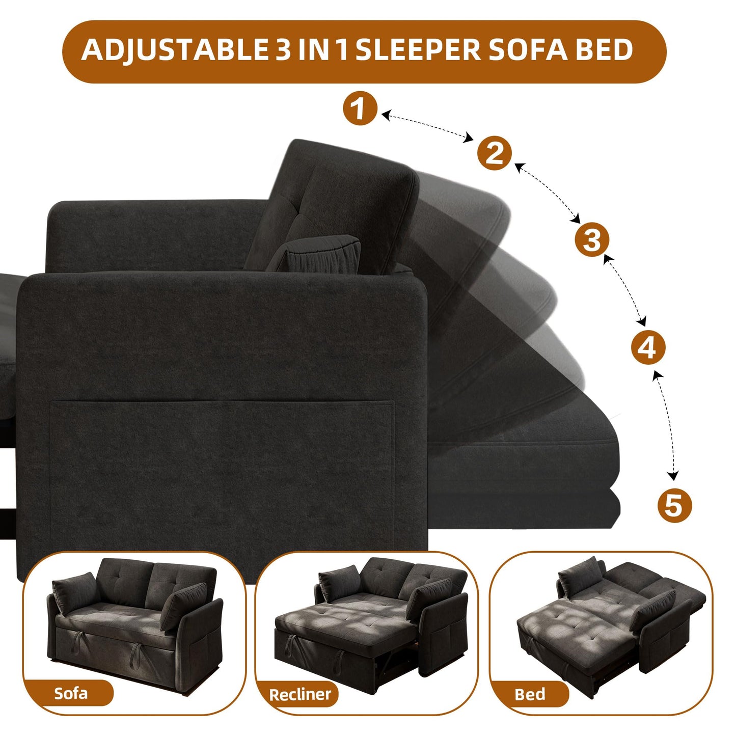 3 in 1 Convertible Sleeper Sofa Bed Tool-Free Assembly, Adjustable Backrest Velvet Pull Out Couch, Small Loveseat Sectional Sofa Bed with Side Pocket, Futon Couches for Living Room, Bedroom, Black