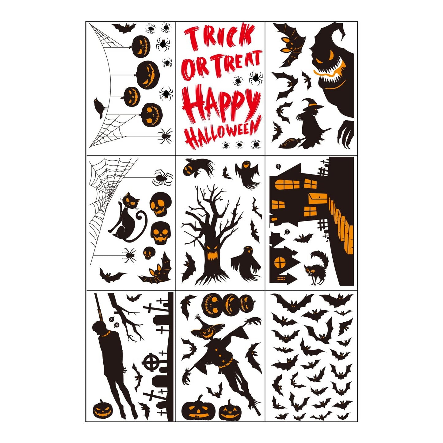 9 Sheets Halloween Window Clings Stickers Decorations Scary Black Ghosts Pumpkin Spider Bats Double Side Decals for Party Glass Decorate Happy Halloween Window Clings for Party Decoration