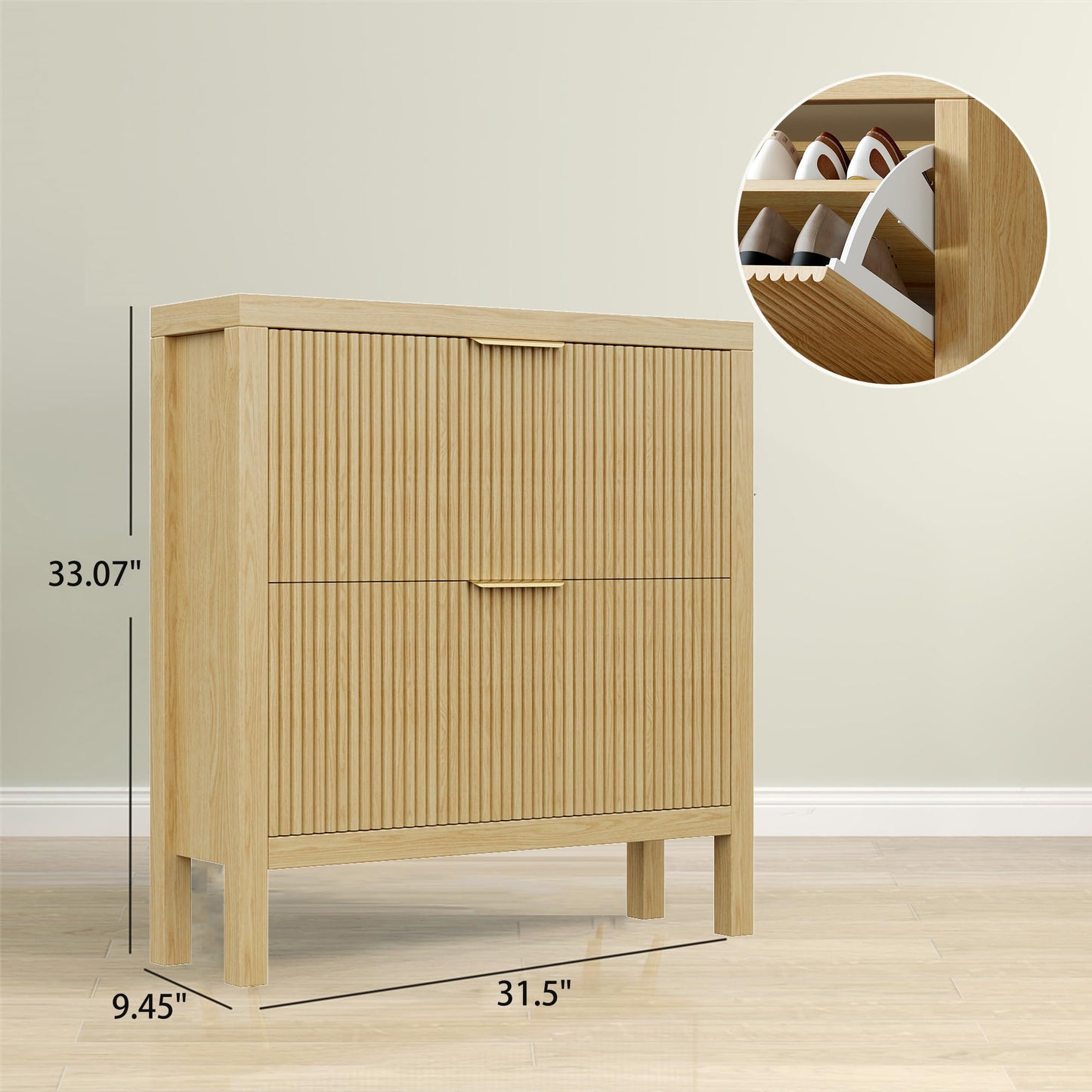 Vudanfe Modern 2-Tier Flip Drawer Shoe Cabinet, Freestanding Hidden Slim Narrow Shoe Rack Cabinet, Wooden Large Capacity Shoe Storage Cabinet Shoe Organizer, for Entryway, Hallway, Natural X2