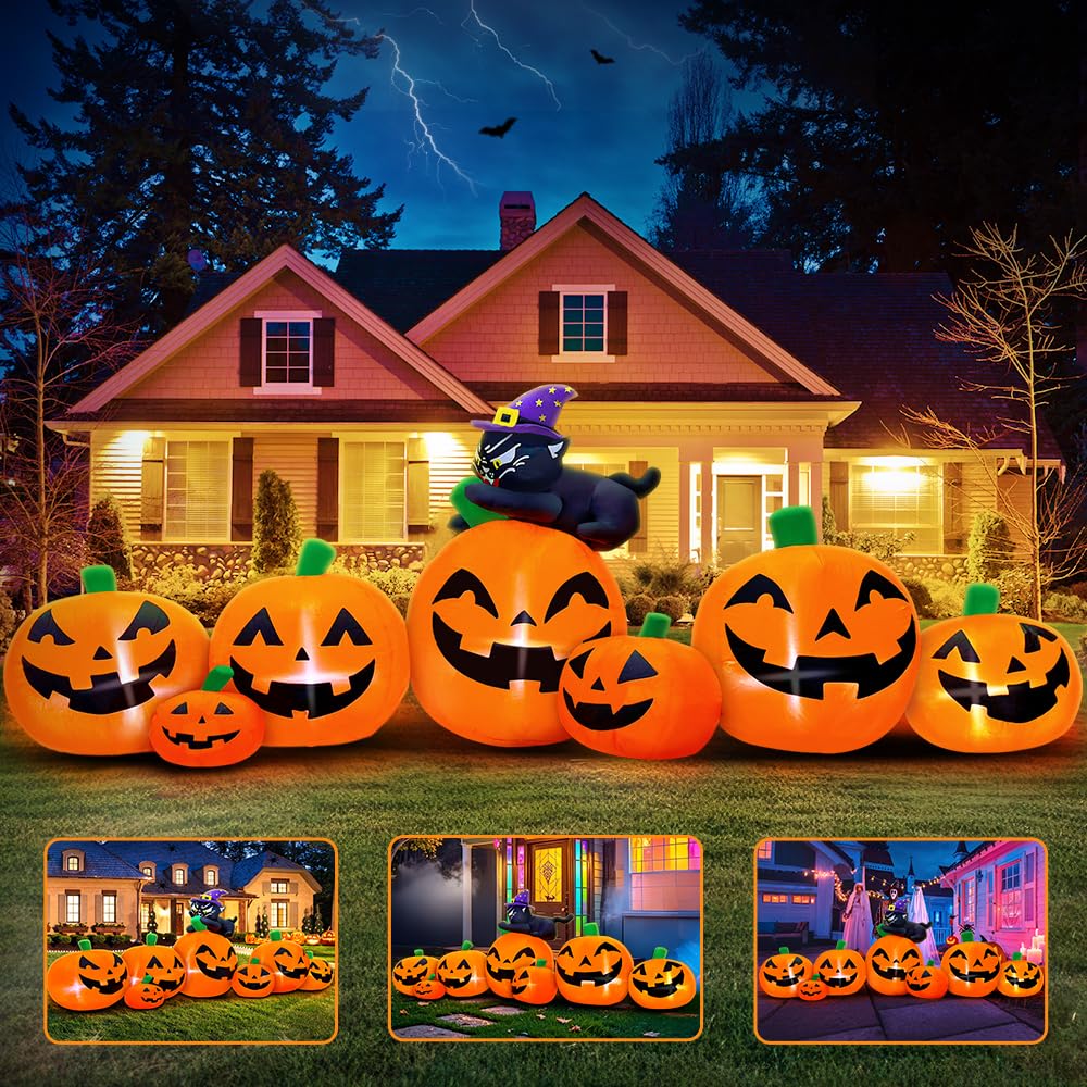 8FT Halloween Inflatables Pumpkin Decorations with Black Cat Decoration Led Light Inflatable Outdoor Decorations Blow up Inflatables for Halloween Holiday Party Lawn Yard Garden Decor