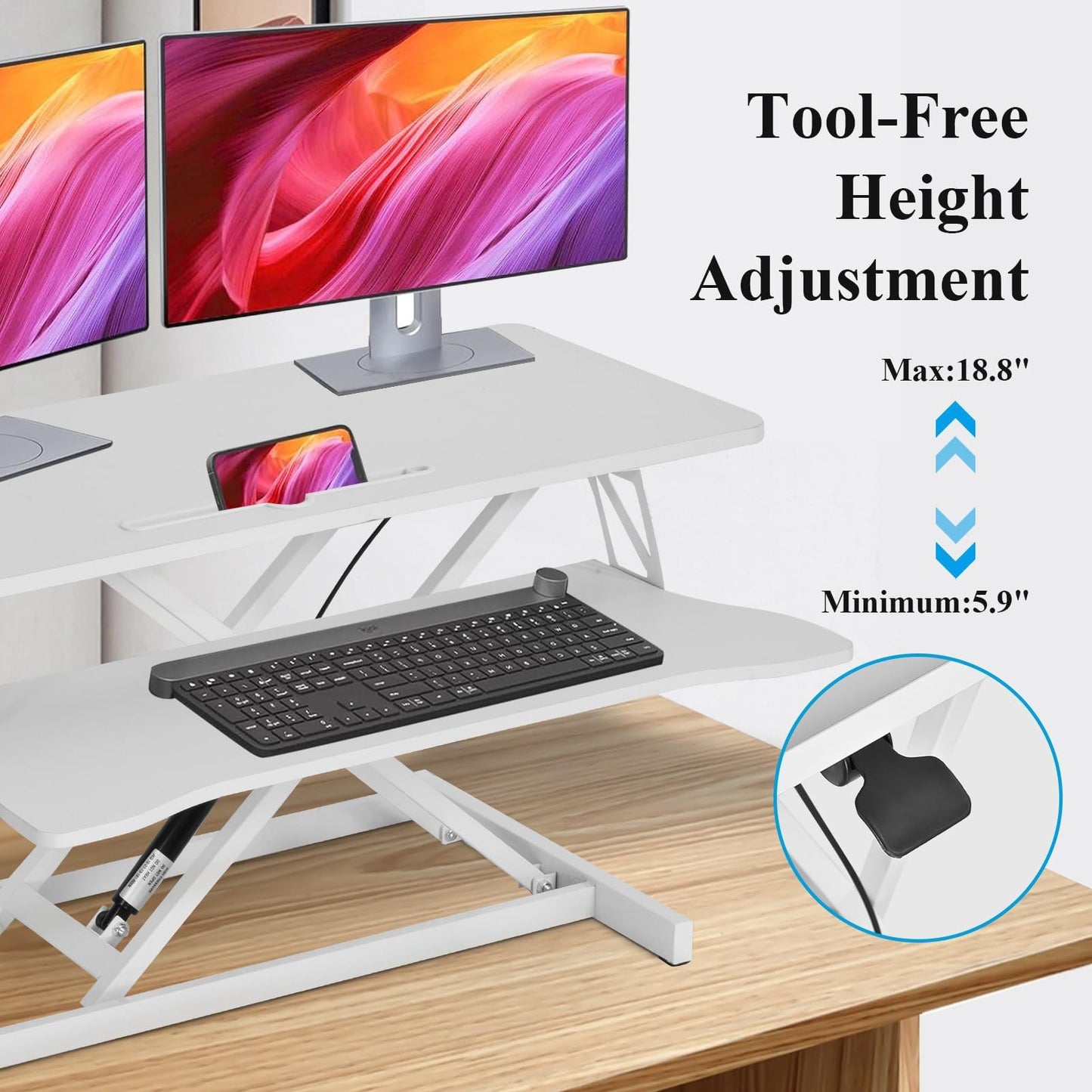 37 Inch Standing Desk Converter - Manual Pneumatic Spring, Two Monitor Stable Standing Desk Converter, 5.9” to 18.8” Height Adjustable Laptop Workstation with Keyboard Tray for Home, Company(White)