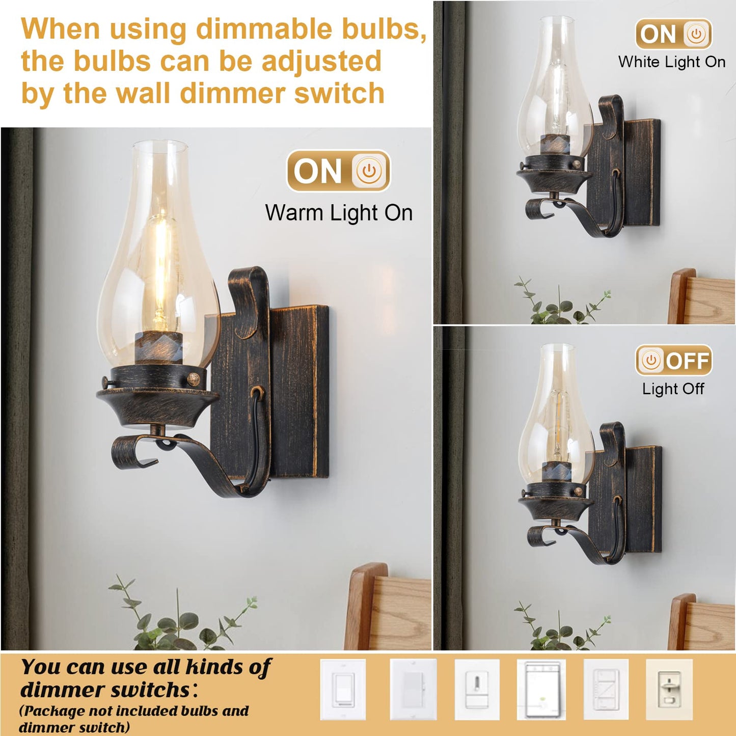 Wall Sconces Sets of 2, Oil Rubbed Bronze Hardwired Wall Sconce Indoor, Retro Rustic Wall Lamps with Amber Glass,Vintage Bedside Sconces Wall Lighting for Living Room Bathroom