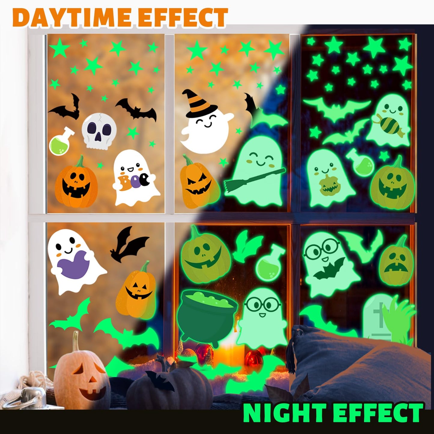 Whaline Halloween Glow in The Dark Window Cling Stickers Ghost Pumpkin Bats Window Decals Cute Cartoon Decoration for Halloween Party Home Classroom Wall, 4 Sheets