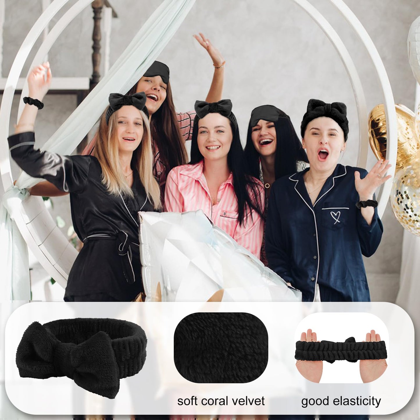WHAVEL 18 Pcs Sleepover Party Supplies for Girls - Sleepover Party Favors Include 6 Spa Headband, 6 Silk Eye Mask and 6 Velvet Scrunchies for Spa Birthday, Bachelorette, Slumber (Black)