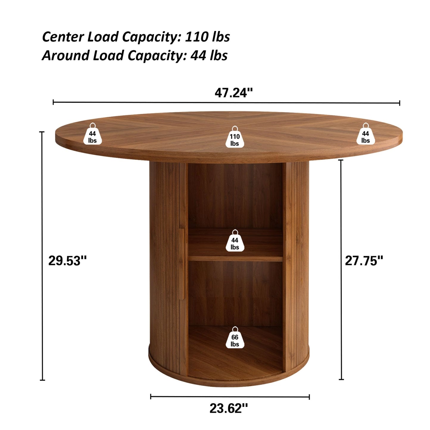 weselon 47 inch Round Dining Table for 4, Kitchen Table Dinner Table with 2-Layer Storage Shelf and Wood Slide Door for Home Dining Room Living Room (Walnut)