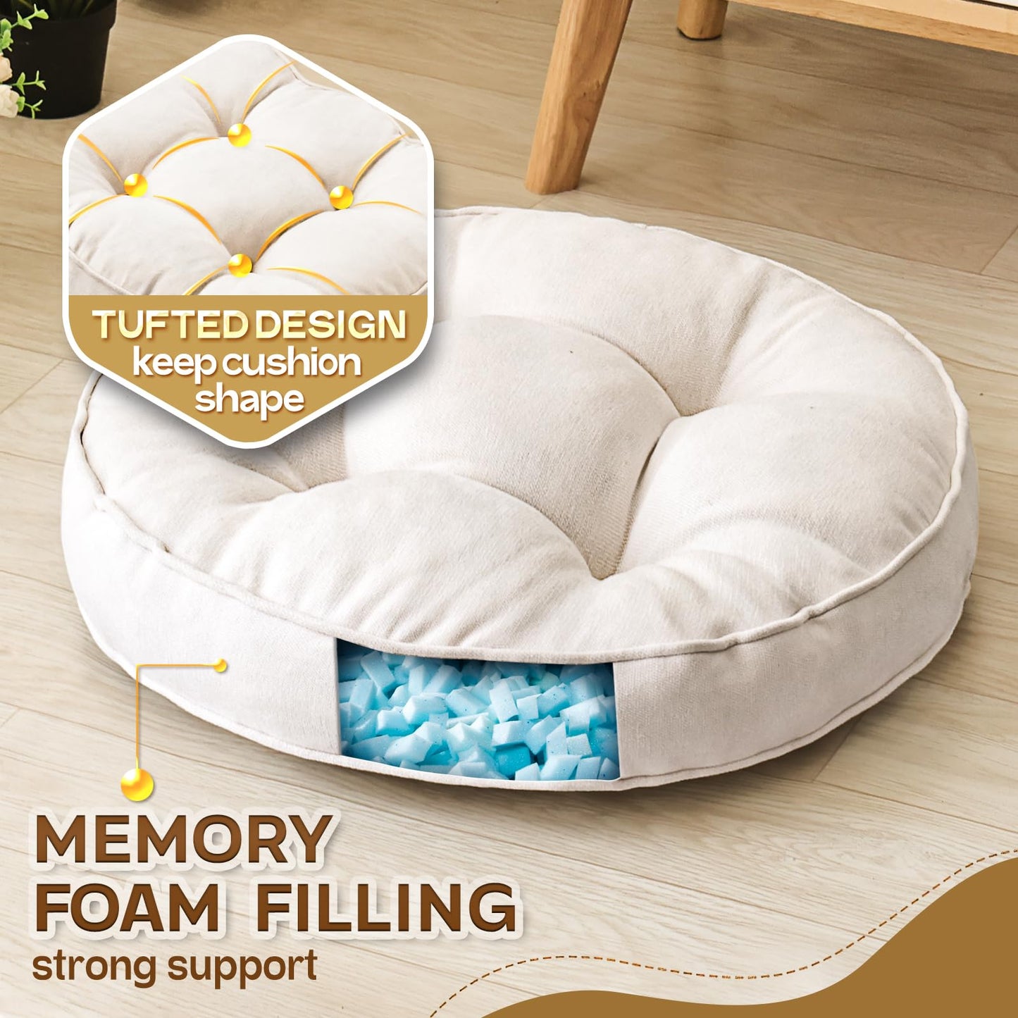 1 MIDDLE ONE Floor Pillow Set of 2, Memory Foam Floor Cushions for Adults, Large Round Meditation Pillow for Sitting, 22 x 22 Inches (Round | Beige)
