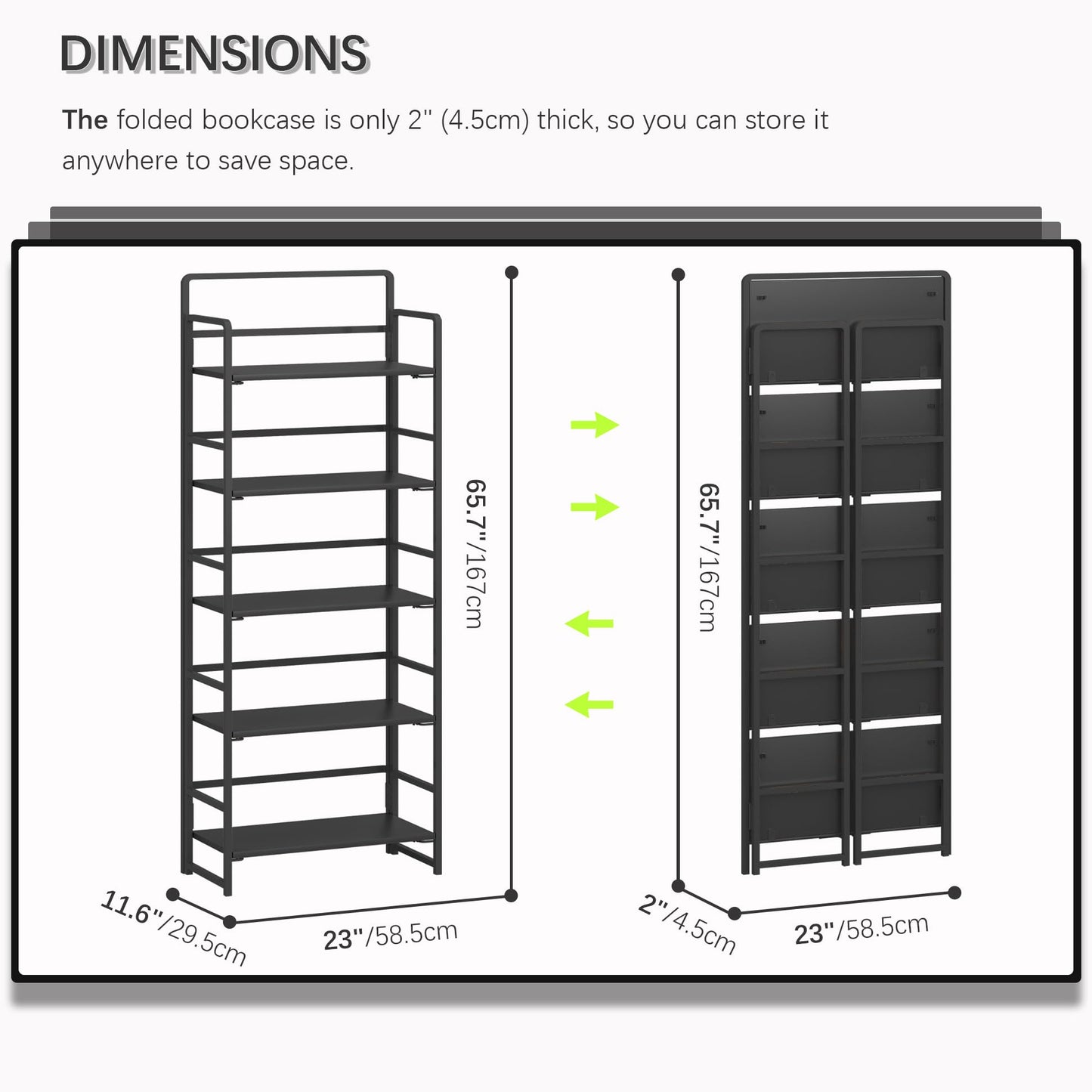 4NM No-Assembly 5 Tiers Folding Bookshelf Storage Shelves Vintage Bookcase Standing Racks Study Organizer Home Office (All Black)