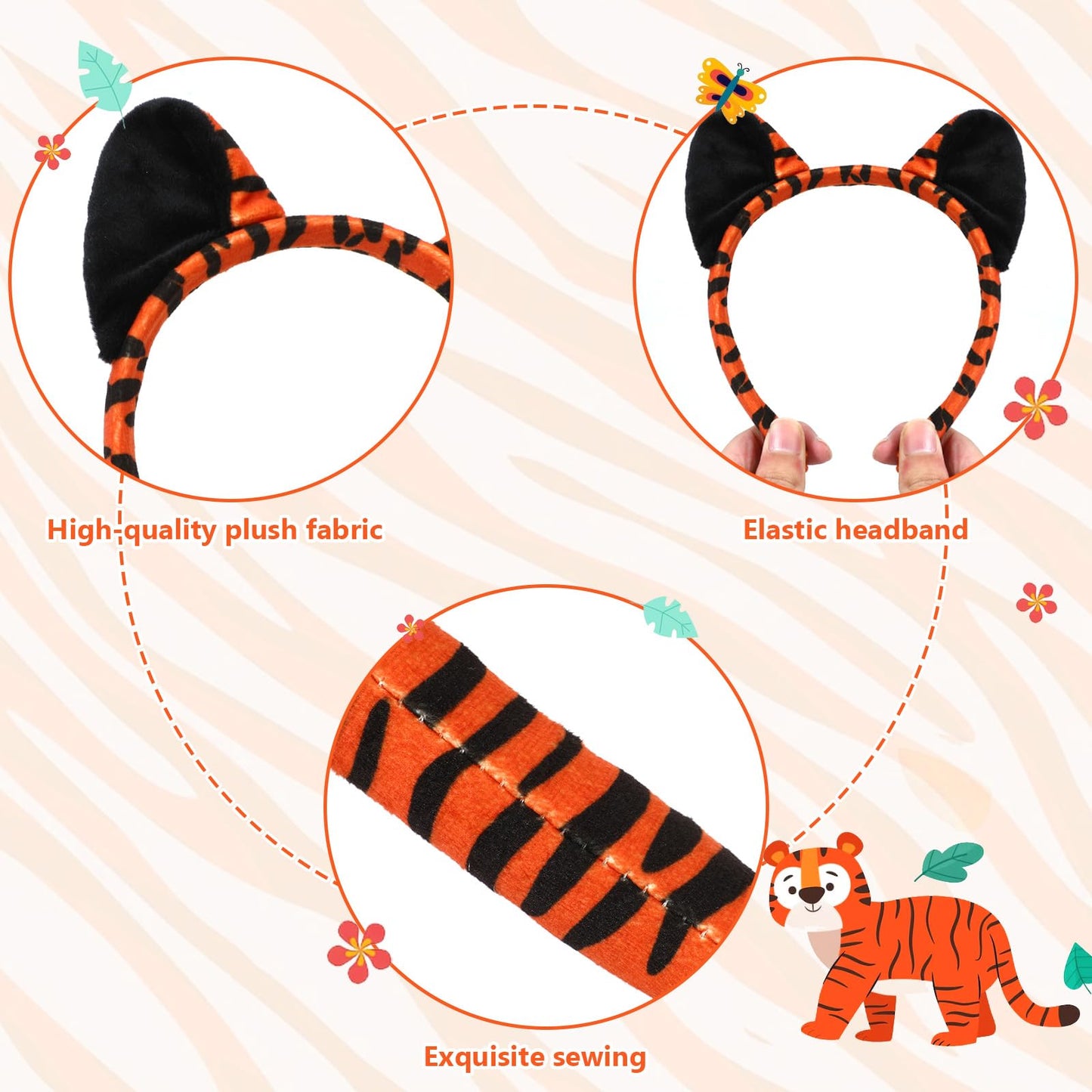 XEPST Animal Tiger Costume Set, Tiger Ears and Tail Set with Ears Headband Tail Nose Bowtie for Animal Costume Cosplay Birthday Party Halloween Fancy Dress Party Supplies, B