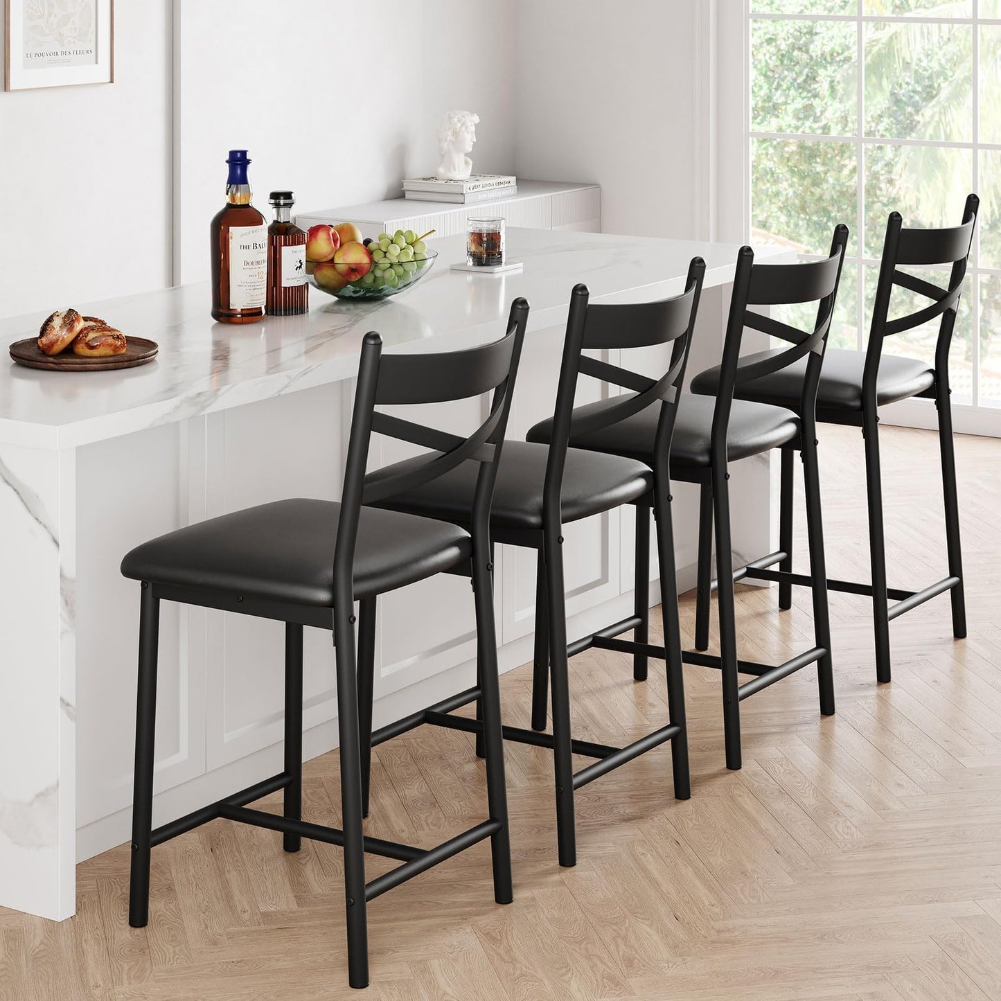 22.4" Bar Stools, Set of 4 Bar Chairs with X-Shaped Back Thick Cushion, Counter Height Barstools for Dining Room, Kitchen, Counter, Rustic Brown and Black
