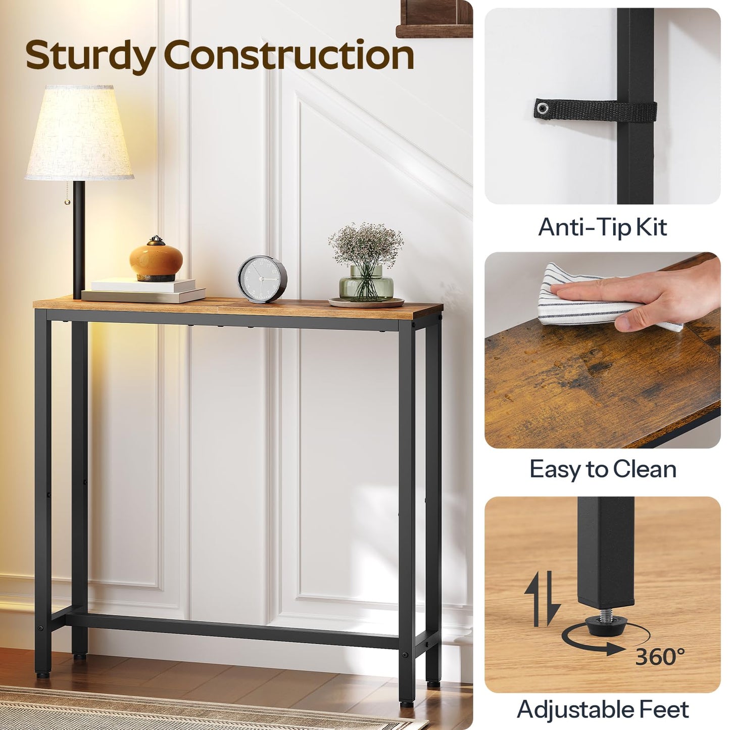 YATINEY Console Table with Light, Narrow Entryway Table, Behind Couch Table with 3 Color Temperatures Led Bulb, Metal Frame, for Entrance, Hallway, Foyer, Rustic Brown and Black CT75DBR