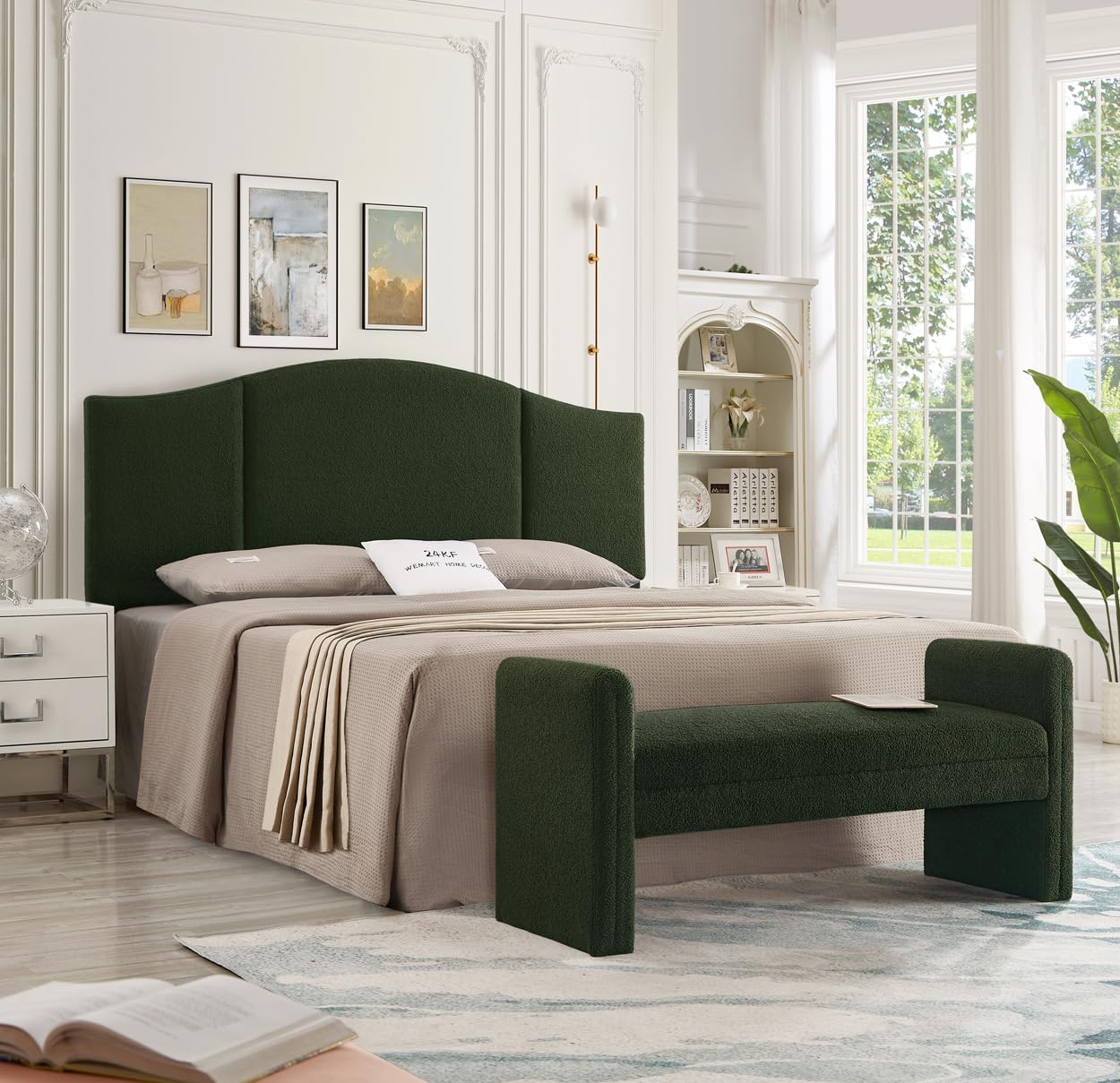24KF Modern Boucle Teddy Lovely Bench, Upholstered Bed Bench Entryway Bench Ottoman with Armrest -Dark Green