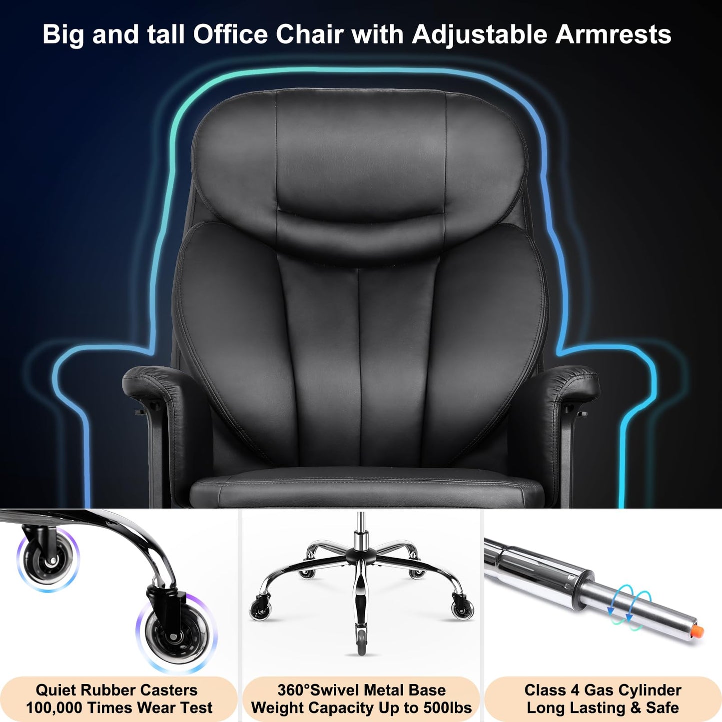 500 lbs Big and Tall Office Chair for Heavy People, Heavy Duty Ergonomic Executive Chair with Adjustable Lumbar Support and Wide Seat