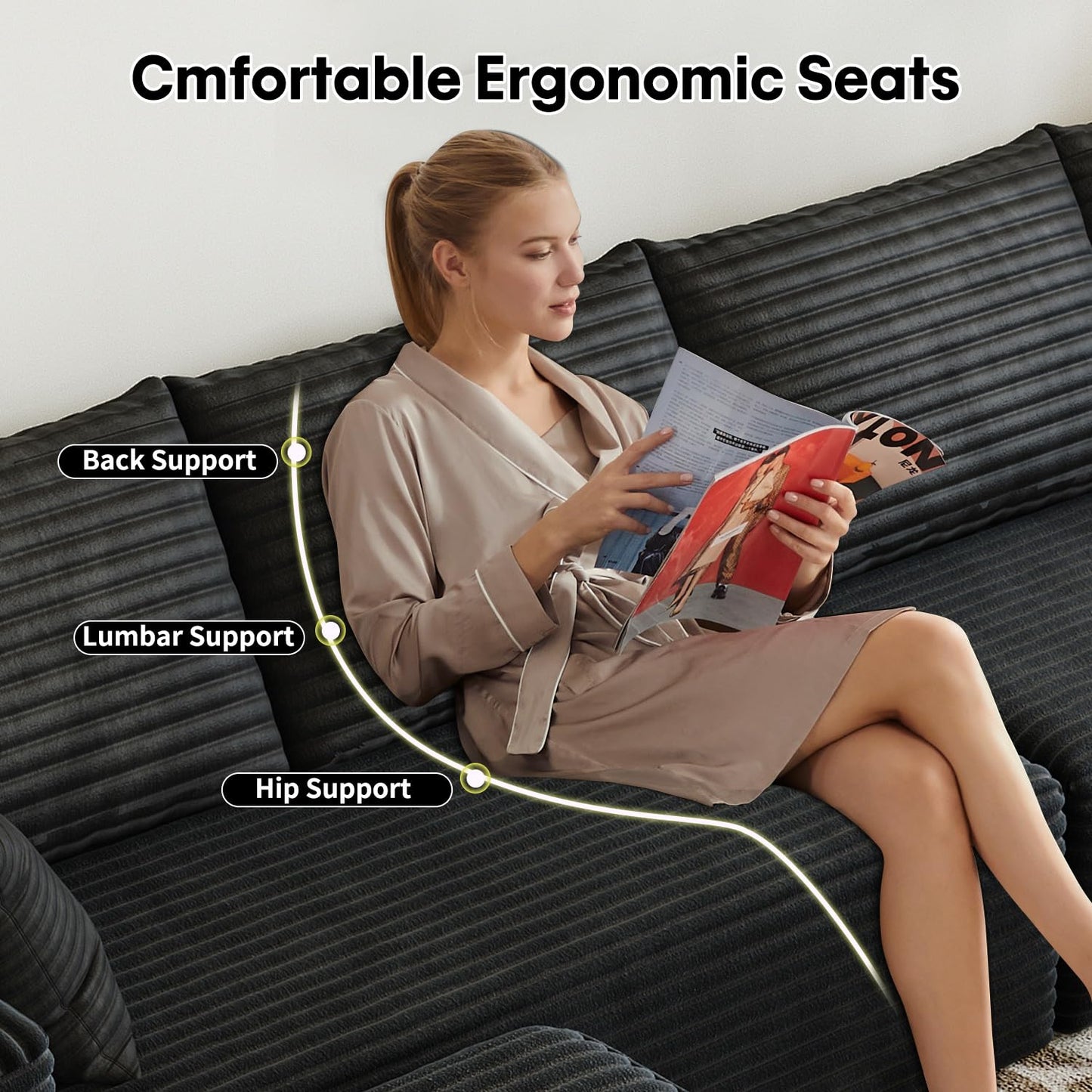107.5" Cloud Modular Sectional Sofa Couch with L-Shape Chaise,Modern Minimalist Upholstered Couches for Living Room Bedroom,Deep Seat Corner Couch,No Assembly Required (Black,Left Facing Chaise)