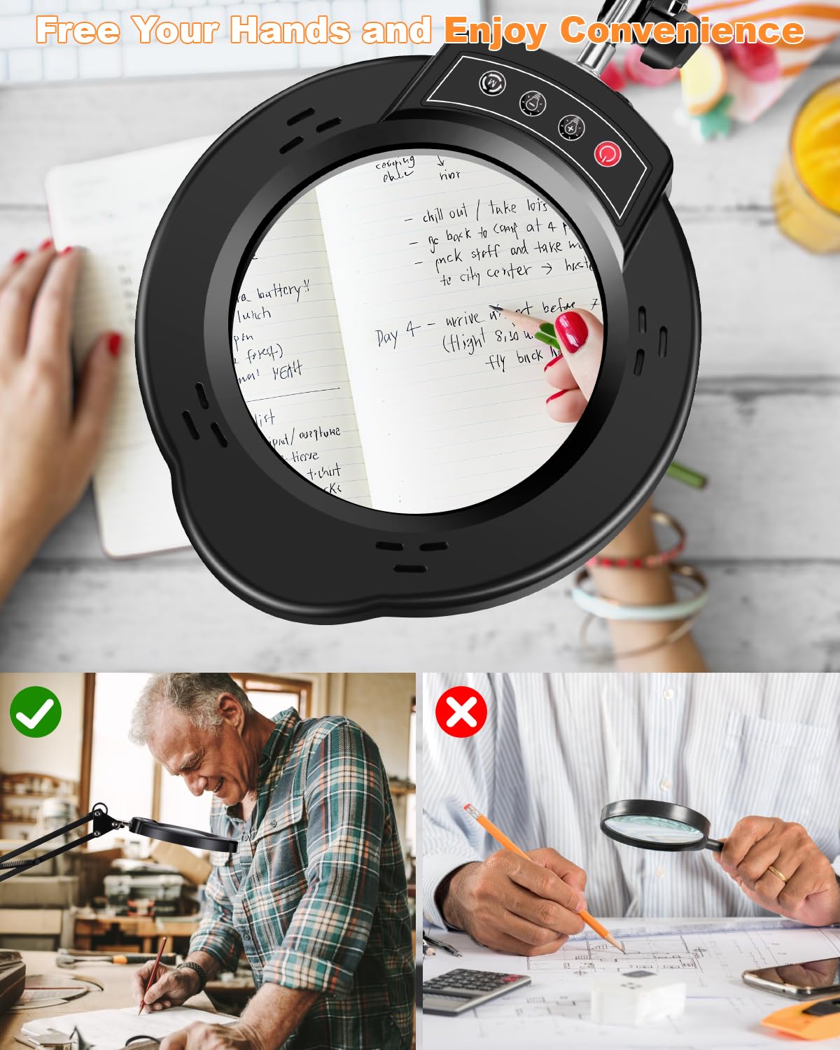 10X Magnifying Glass with Light, 5 Color Modes Stepless Dimmable LED Desk Lamp, Hands Free Lighted Magnifying Glass for Close Work Reading Craft Hobby