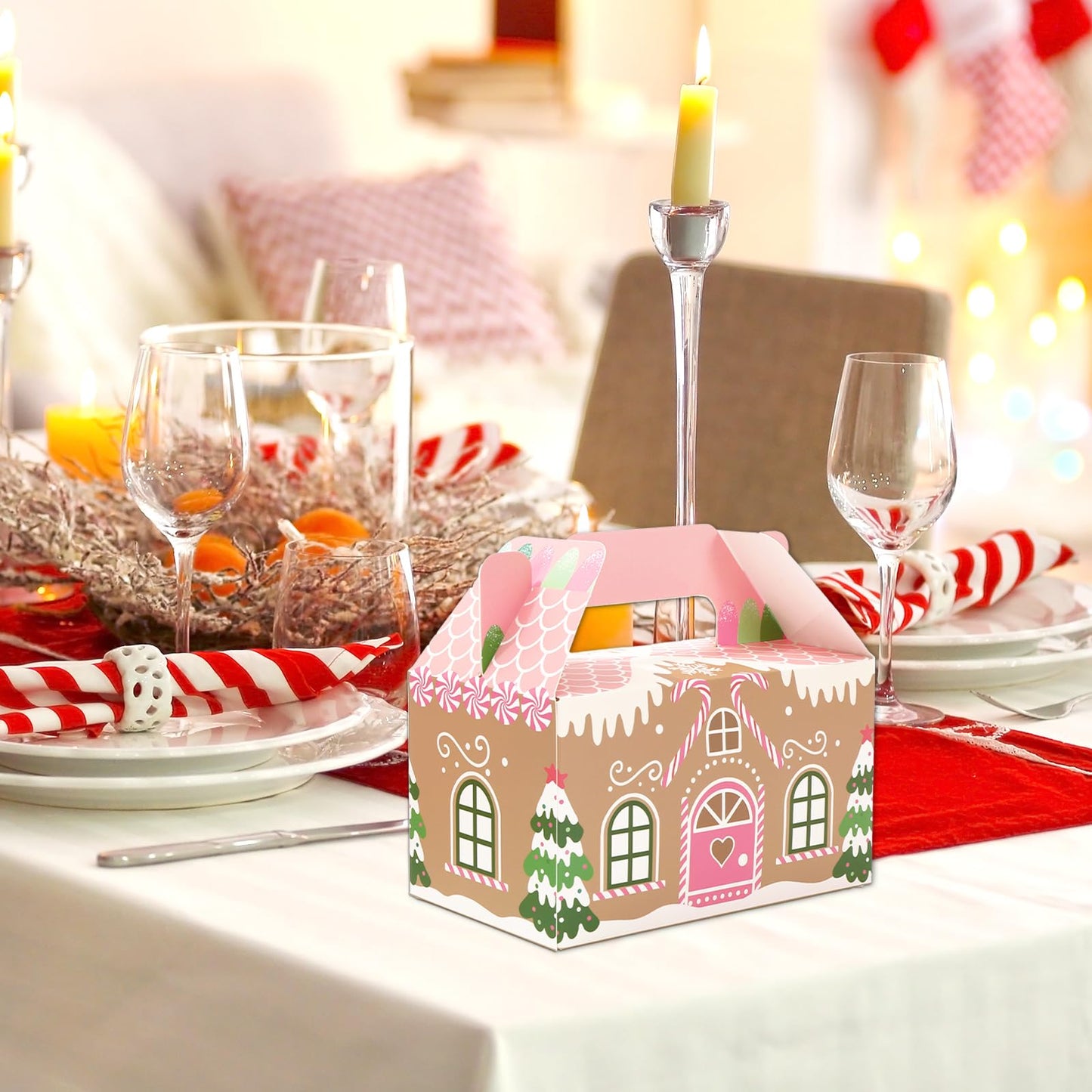 Whaline 24Pcs Christmas Treat Boxes with Handles Pink Gingerbread House Goodie Candy Bags Xmas Gable Paper Gift Containers for Cookie Snack Present Party Favor Supplies, 4 Designs
