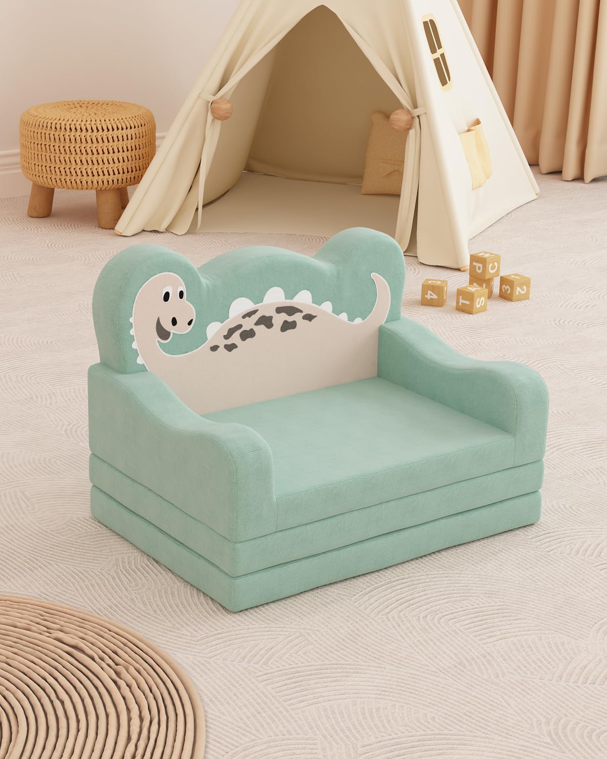 YACODAVO 2-in-1 Kids Couch Fold Out, Convertible Toddler Couch to Lounger, Toddler Chair Comfy, Kids Sofa for Girls and Boys, Gift for Birthday, Children's Day, Dinosaur Green