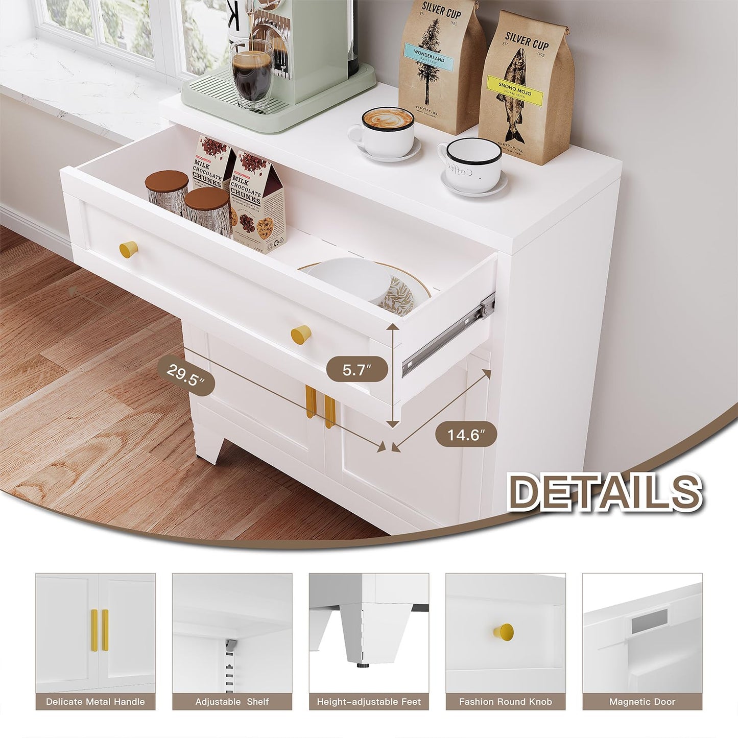 YAUWOH Metal Sideboard Cabinet with Big Drawers,Farmhouse Coffee Bar with One Adjustable Shelves,Buffet Cabinet,Metal Storage Cabient for Kitchen, Dining Room, Entryway, White