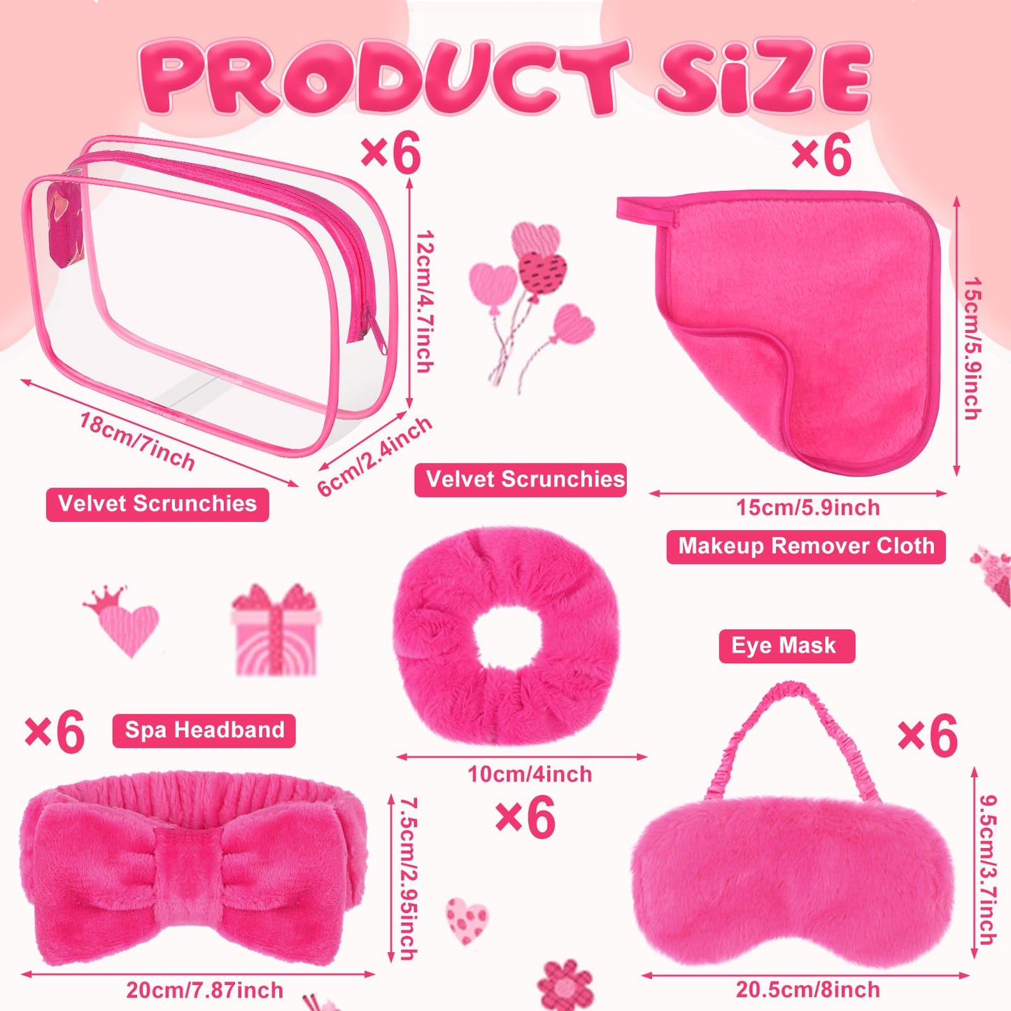 30 Pcs Sleepover Party Supplies for Girls Include 6 Bow Makeup Headband 6 Plush Sleep Eye Mask 6 Velvet Scrunchies 6 Makeup Remover Cloth 6 Clear Cosmetic Bags for Slumber Spa Party Favors Rose Red