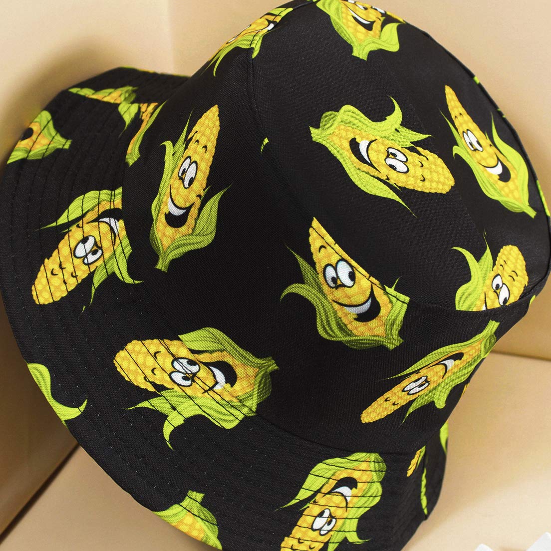 XYIYI Corn Black Print Bucket Hat Fashion Beach Fisherman Hats for Women, Reversible Double-Side-Wear