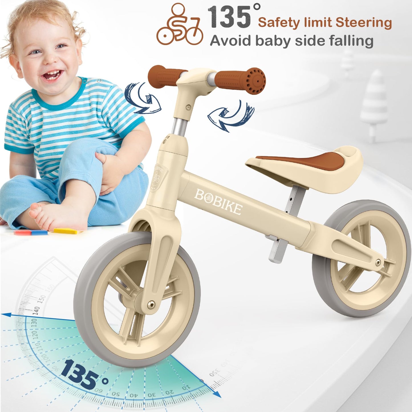 Bobike Toddler Balance Bike Toys for 1 to 6 Year Old Girls Boys Adjustable Seat and Handlebar No-Pedal Training Bike Best Gifts for Kids (Beige)