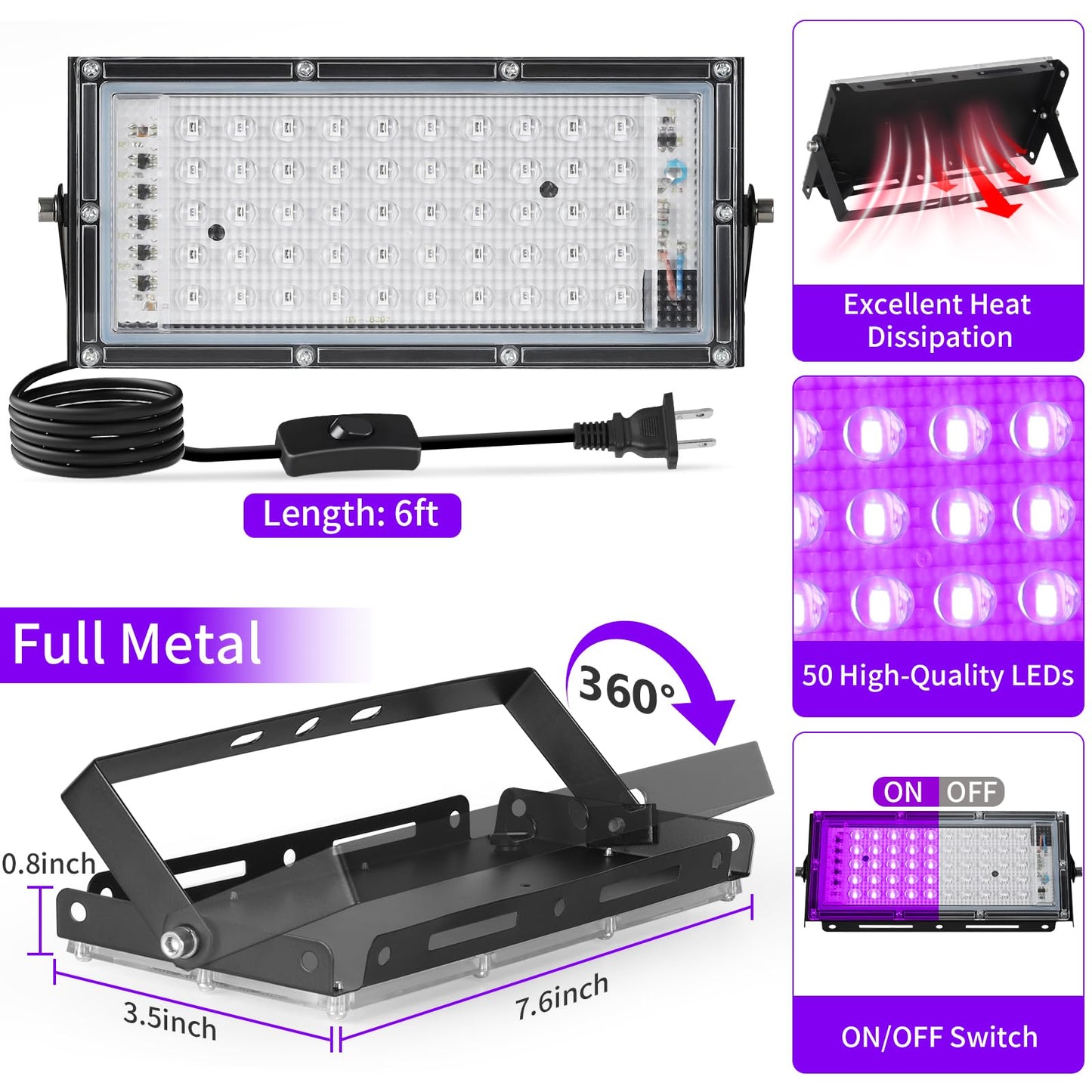 50W Black Lights with Switch+Plug, IP66 Waterproof, LED Blacklight Flood Light for Glow Party, Halloween, Bedroom, Fluorescent Poster, Body Paint, 2 Pack