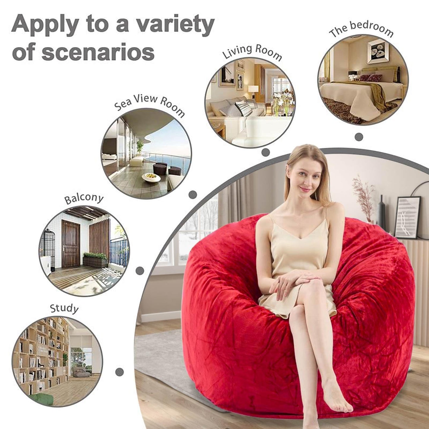 4FT Bean Bag Chairs for Adults,Bean Bag with Filler Included,Memory Foam Chair,with Flannel Cover, Detachable and Washable, Suitable for Lounge Chairs in bedrooms Dormitories (Red, 4FT)