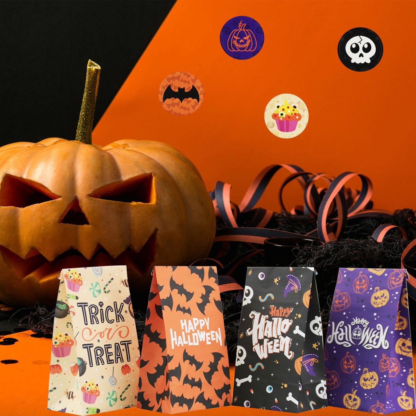 Whiosyrt 24 Pcs Halloween Treat Bags(With 24 Pcs Sealing Stickers) Paper Candy Bag Party Favors, Trick or Treat Goody Gift Treat Bags, Bulk Candy Bag for Party Supplies