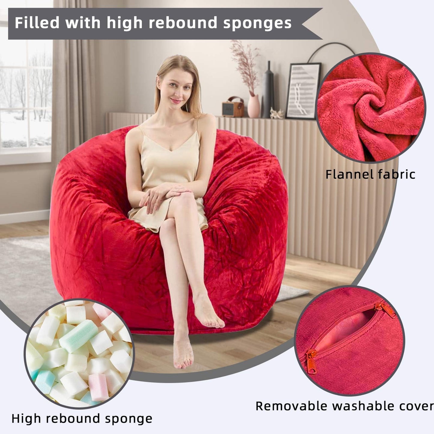 4FT Bean Bag Chairs for Adults,Bean Bag with Filler Included,Memory Foam Chair,with Flannel Cover, Detachable and Washable, Suitable for Lounge Chairs in bedrooms Dormitories (Red, 4FT)