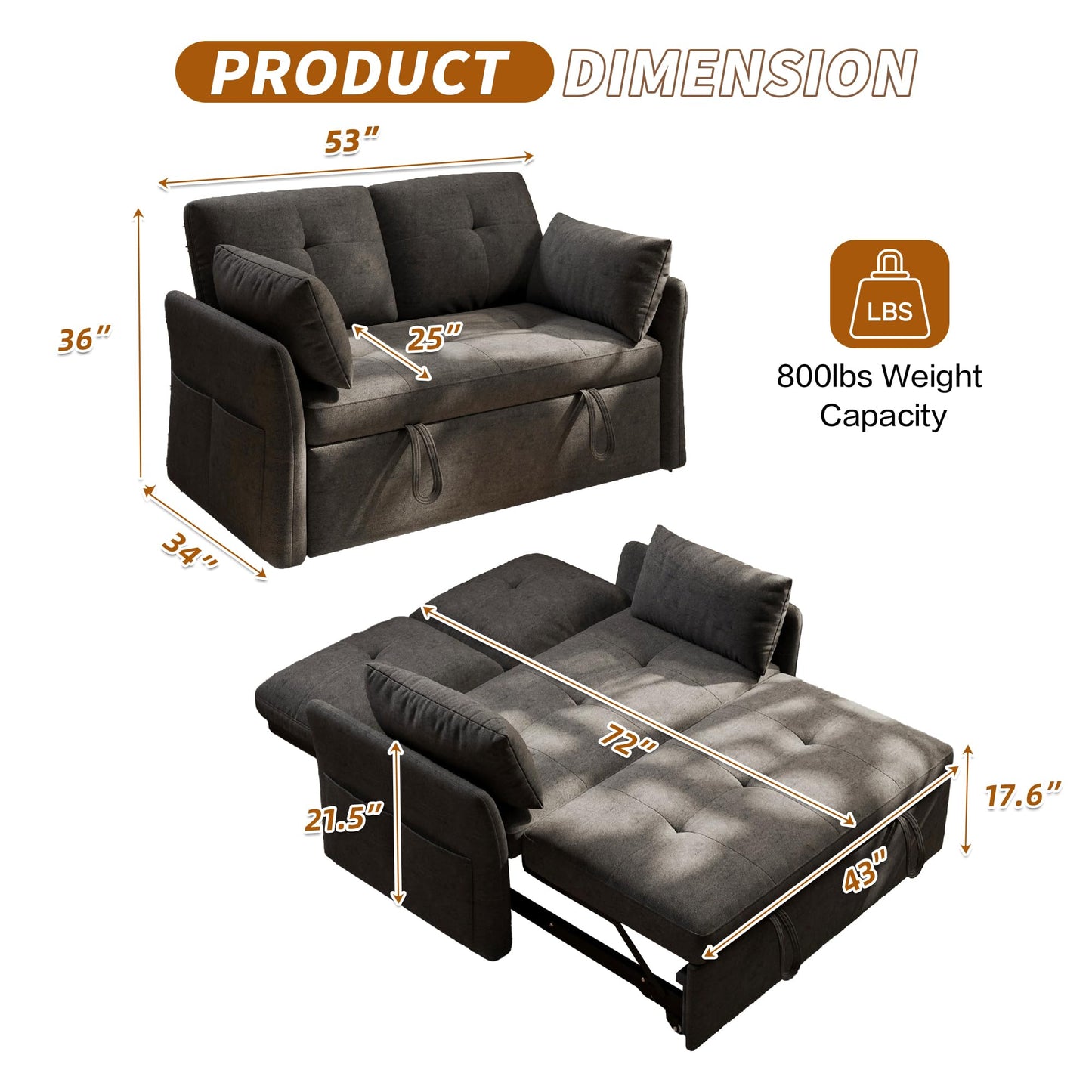 3 in 1 Convertible Sleeper Sofa Bed Tool-Free Assembly, Adjustable Backrest Velvet Pull Out Couch, Small Loveseat Sectional Sofa Bed with Side Pocket, Futon Couches for Living Room, Bedroom, Black