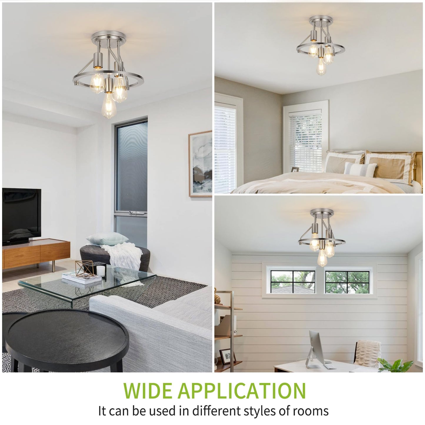 WILON Brushed Nickel Semi Flush Mount Ceiling Light - 3-Light Ceiling Light Fixtures Farmhouse Kitchen Light Industrial Hallway Light Fixtures E26 Socket Ceiling Lamp for Hallway Kitchen Foyer