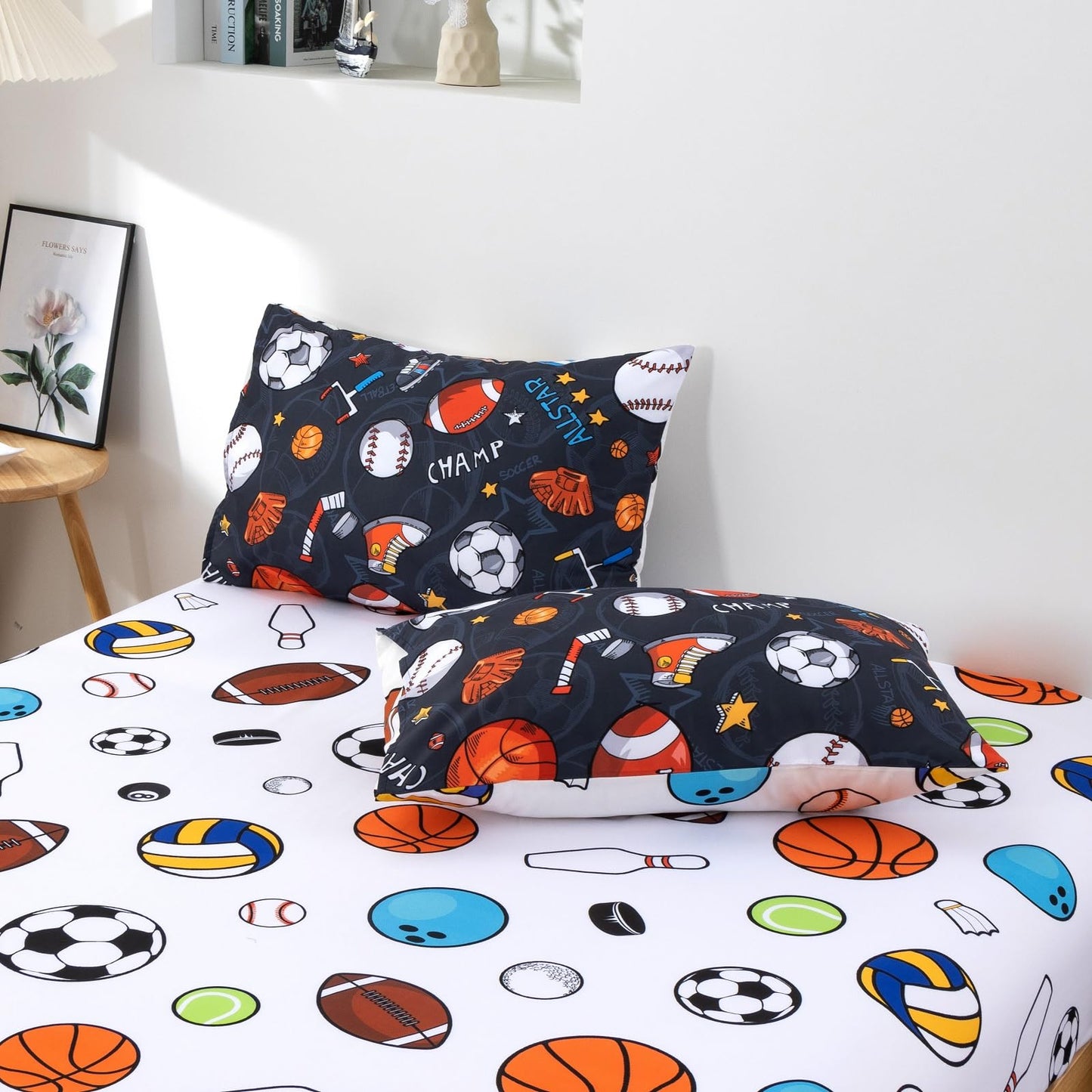 A Nice Night 6Pcs Bed in A Bag Full Sports Microfiber Modern Comforter Set,Gray Rugby Ball Printed Bedding Collections,for Boys Kids Teen