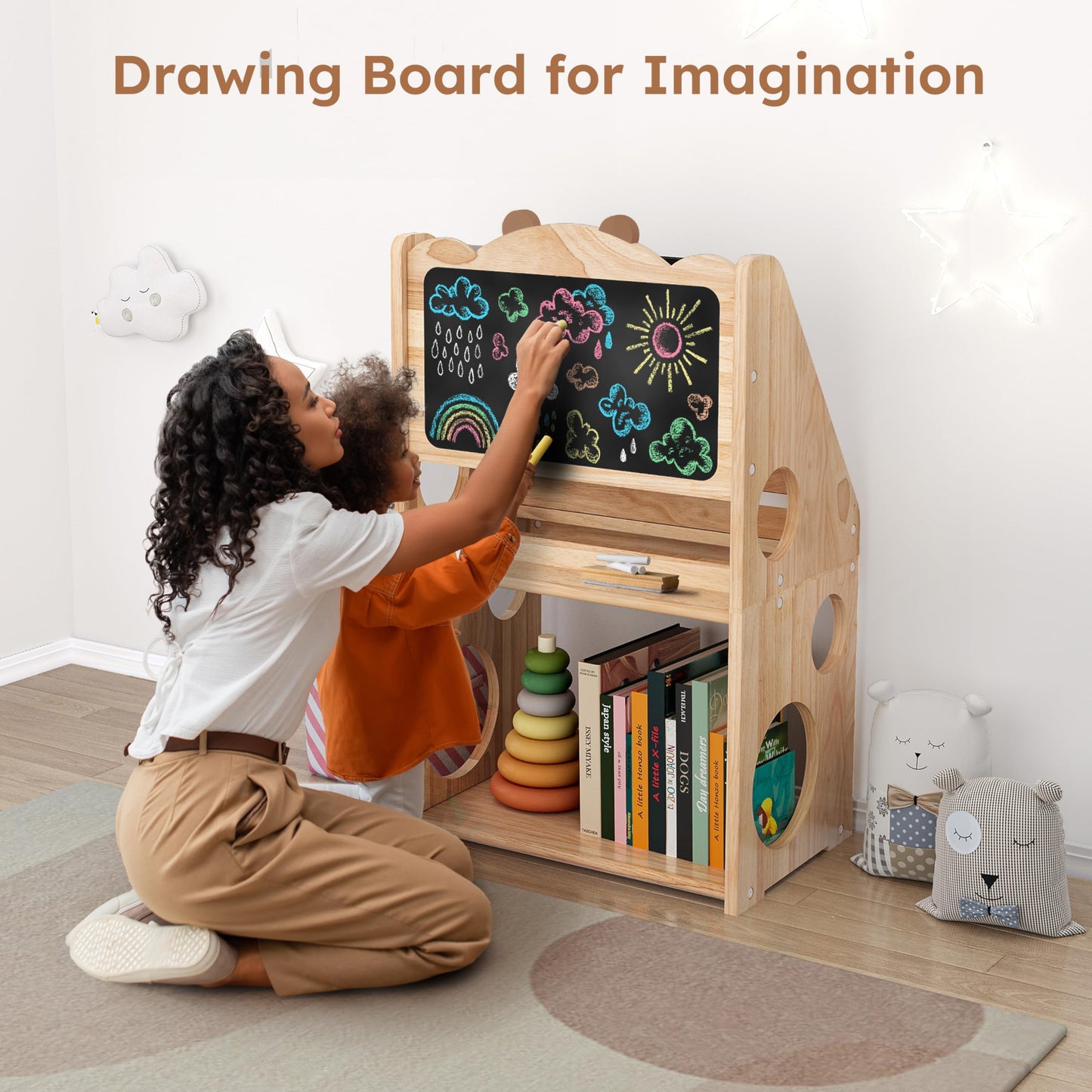 Woodtoe 5 Tier Montessori Bookshelf with Toy Storage, Large Toddler Bookshelf with Chalkboard, Baby Bookcase Book Display Shelve for Kids Bedroom, Nursery, Classroom, Kids Furniture for Boys Girls 1+